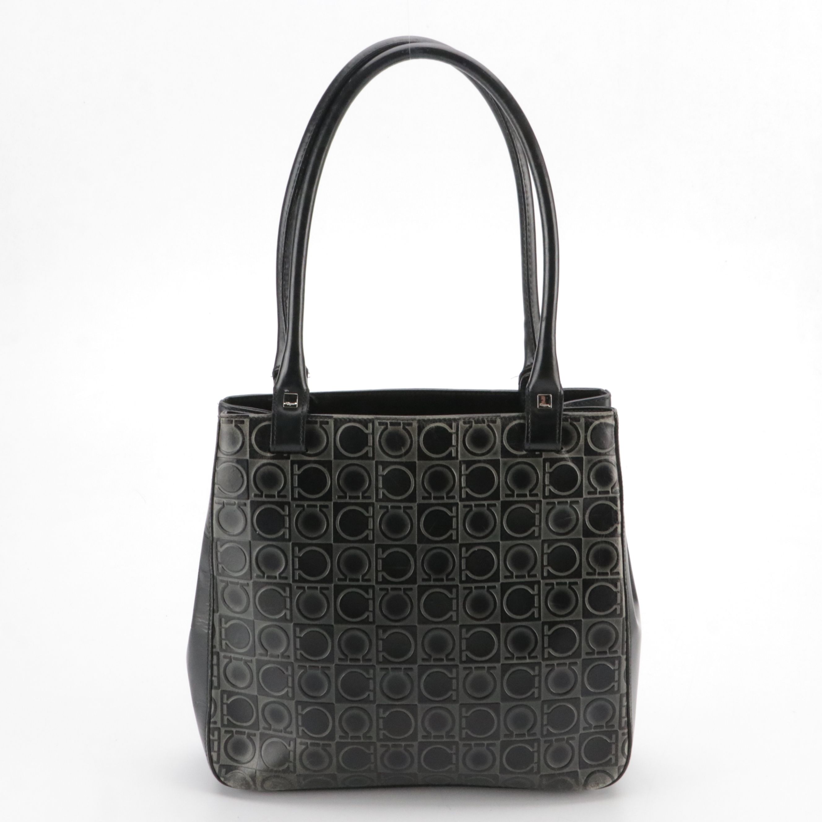 Salvatore Ferragamo Black/Grey Gancini Embossed Leather Tote Bag