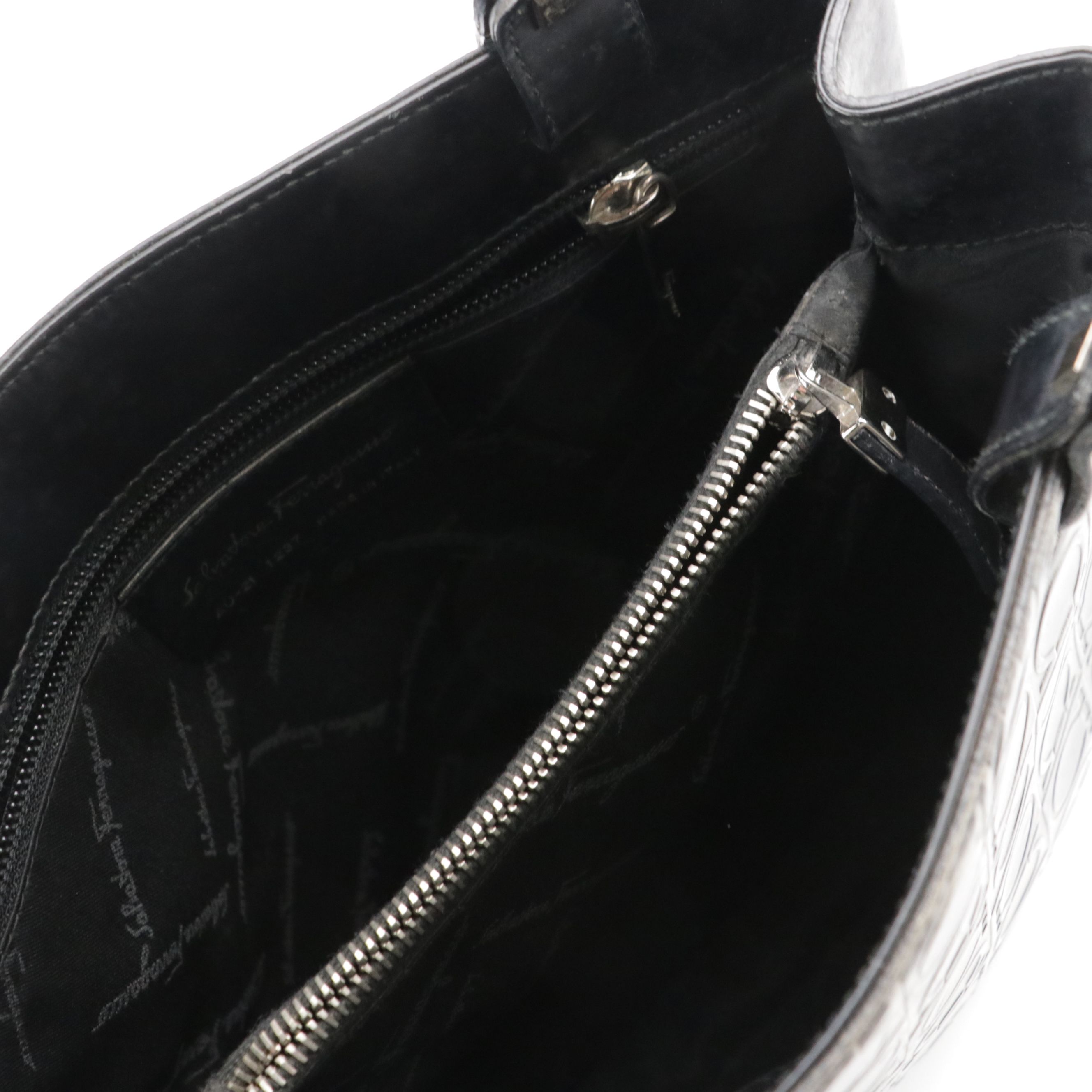 Salvatore Ferragamo Black/Grey Gancini Embossed Leather Tote Bag