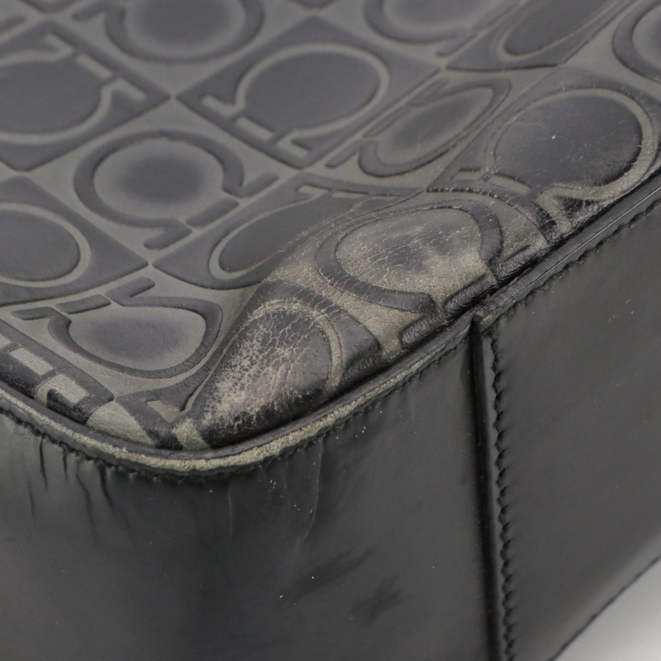 Salvatore Ferragamo Black/Grey Gancini Embossed Leather Tote Bag