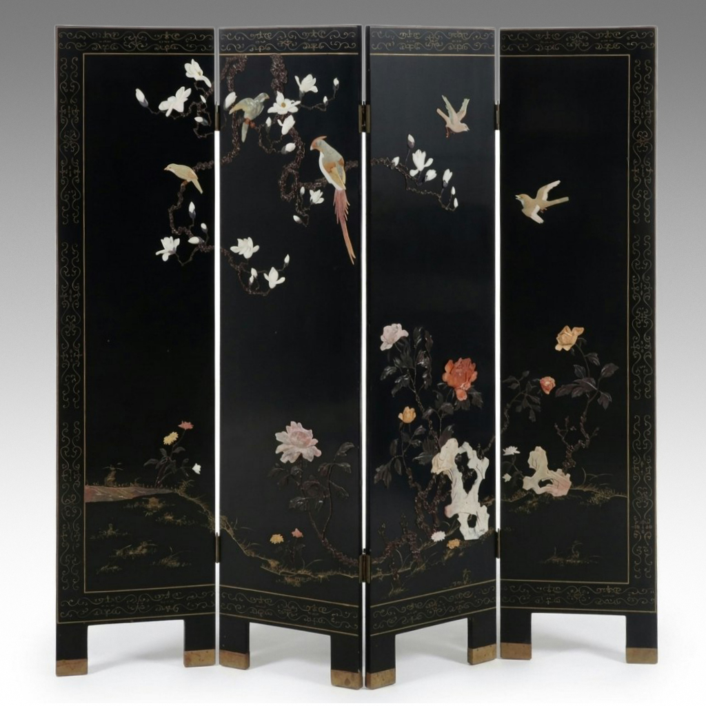 Chinese Four-Panel Black Lacquer Screen with Soapstone Overlay