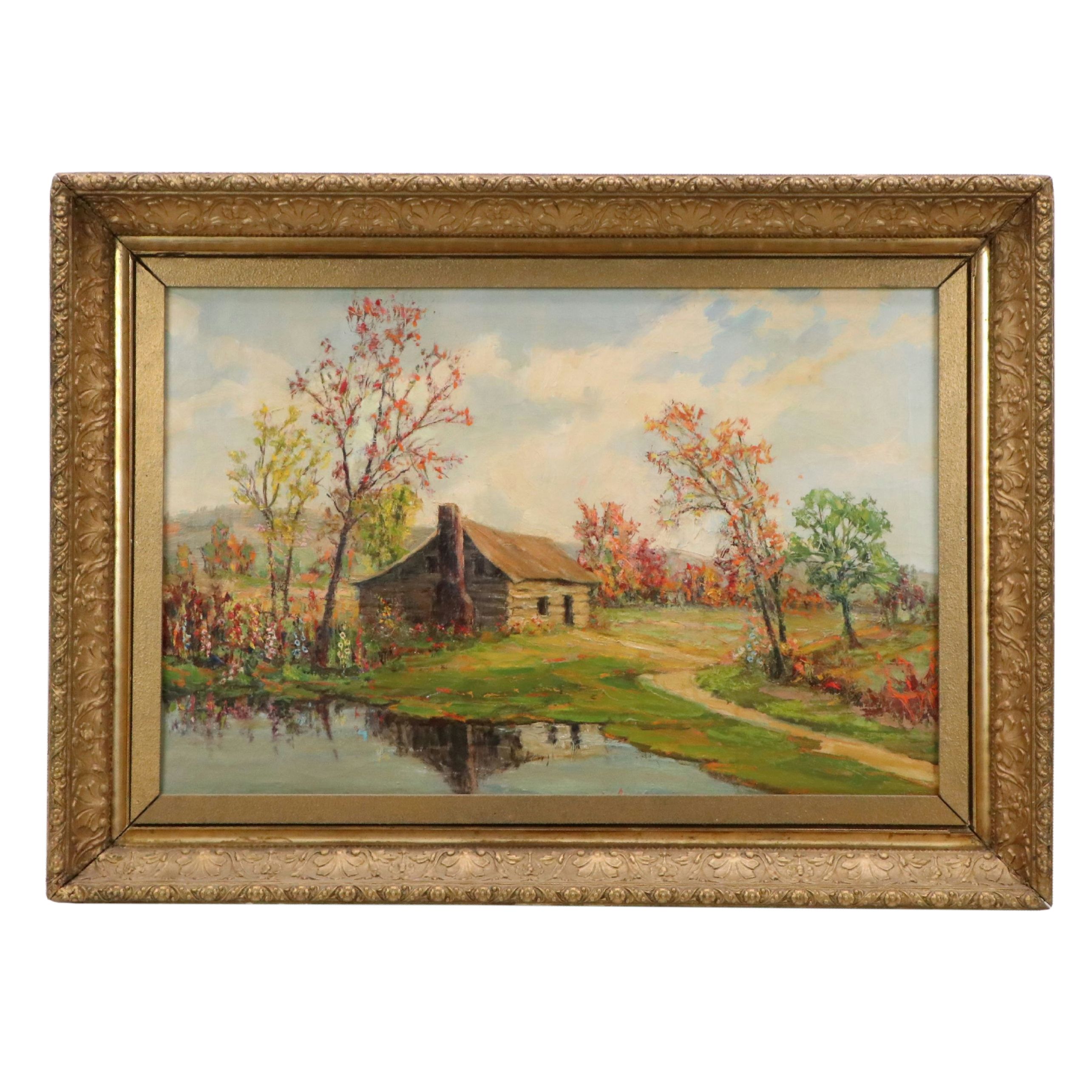 Oil Painting of Bucolic Log Cabin, Early to Mid-20th Century