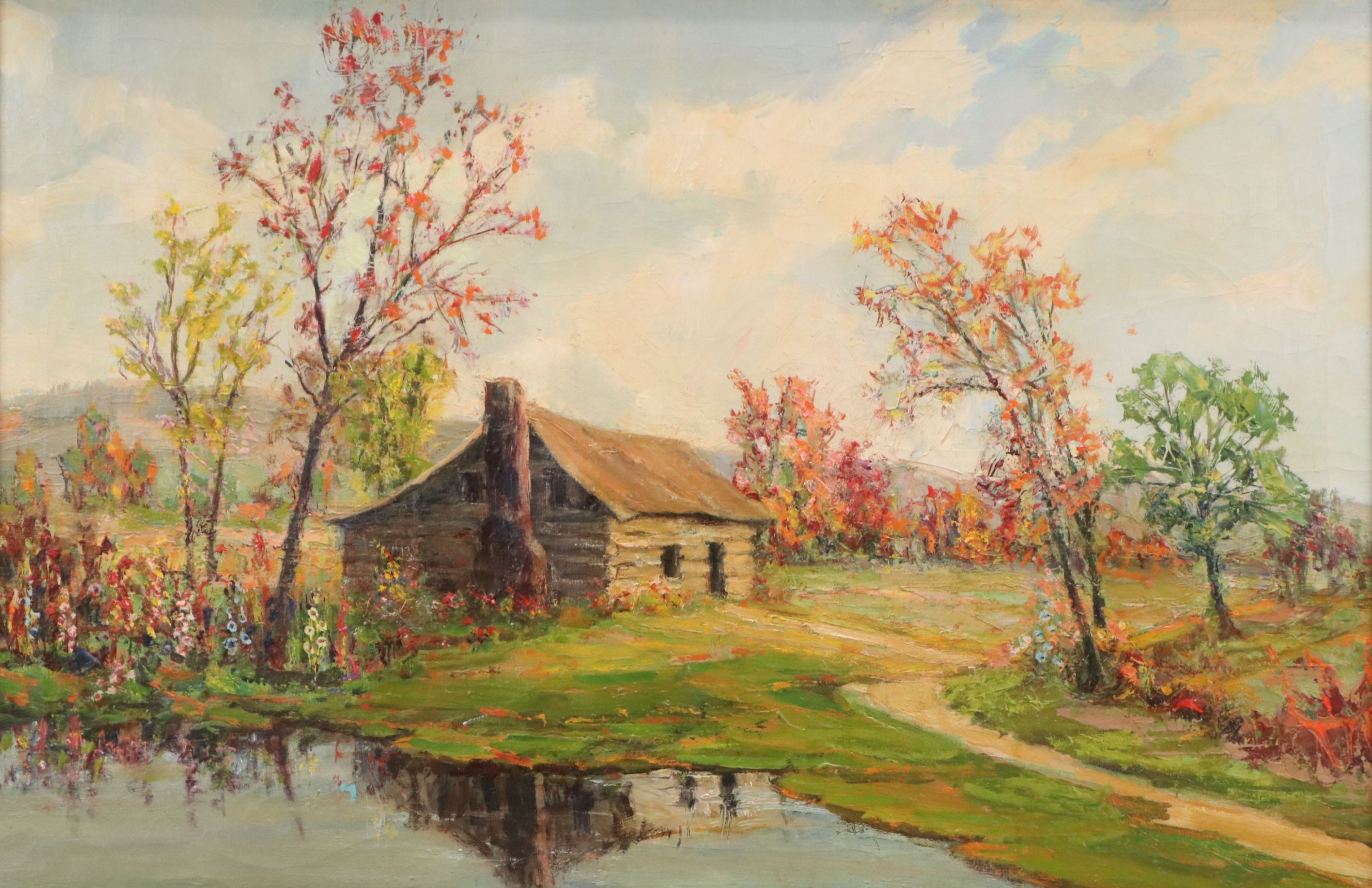 Oil Painting of Bucolic Log Cabin, Early to Mid-20th Century