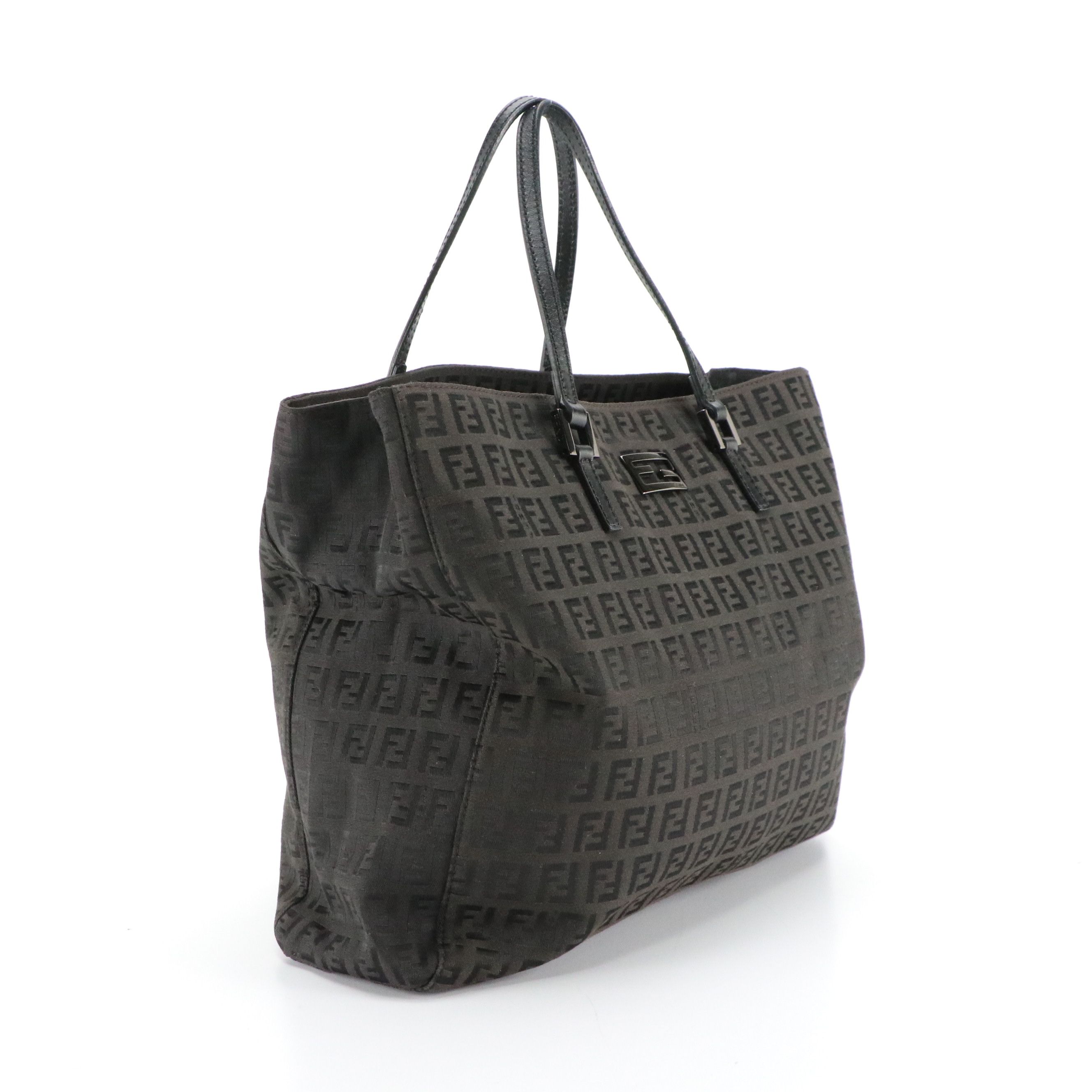 Fendi Top Handle Tote Bag in Black Zucchino Canvas and Leather Trim