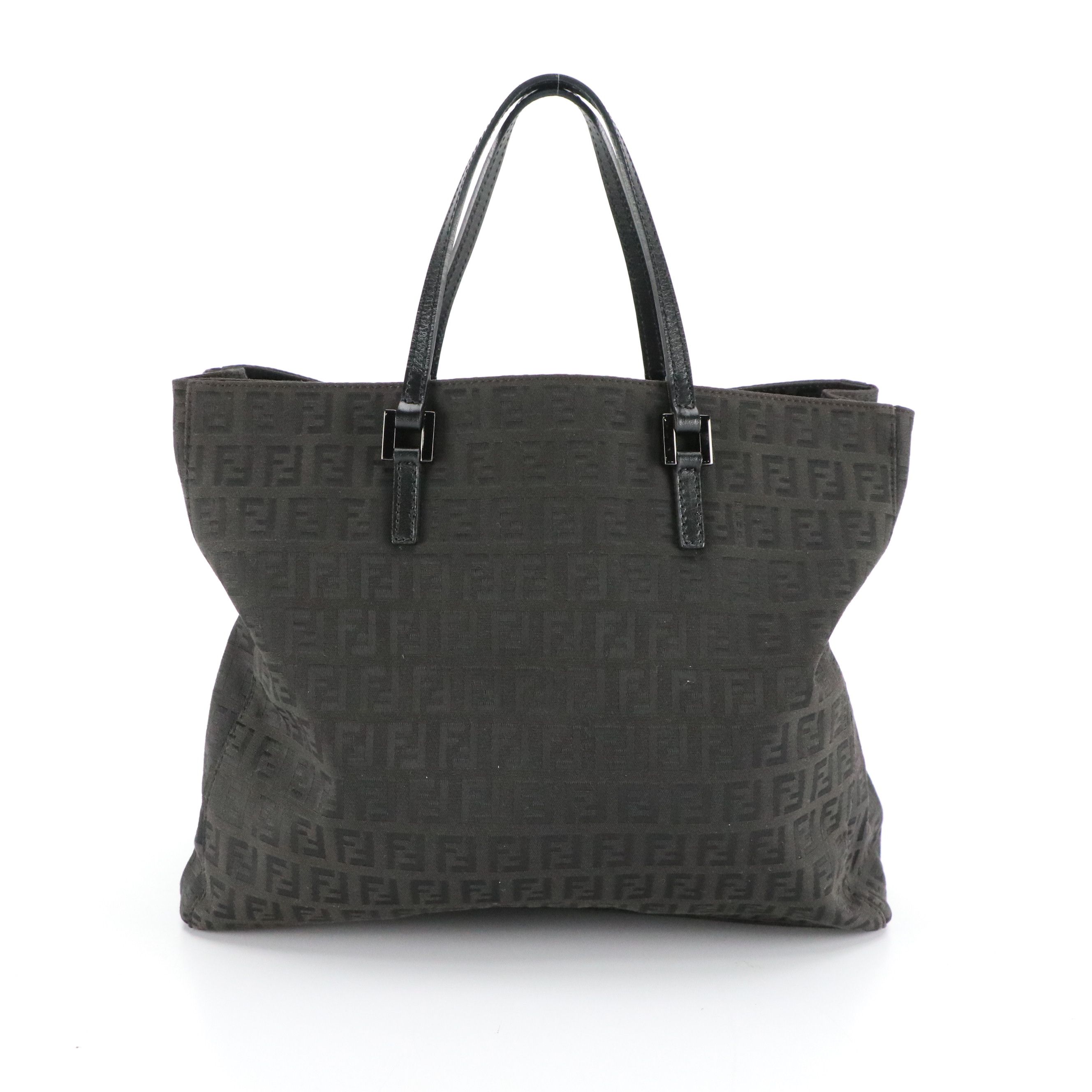 Fendi Top Handle Tote Bag in Black Zucchino Canvas and Leather Trim