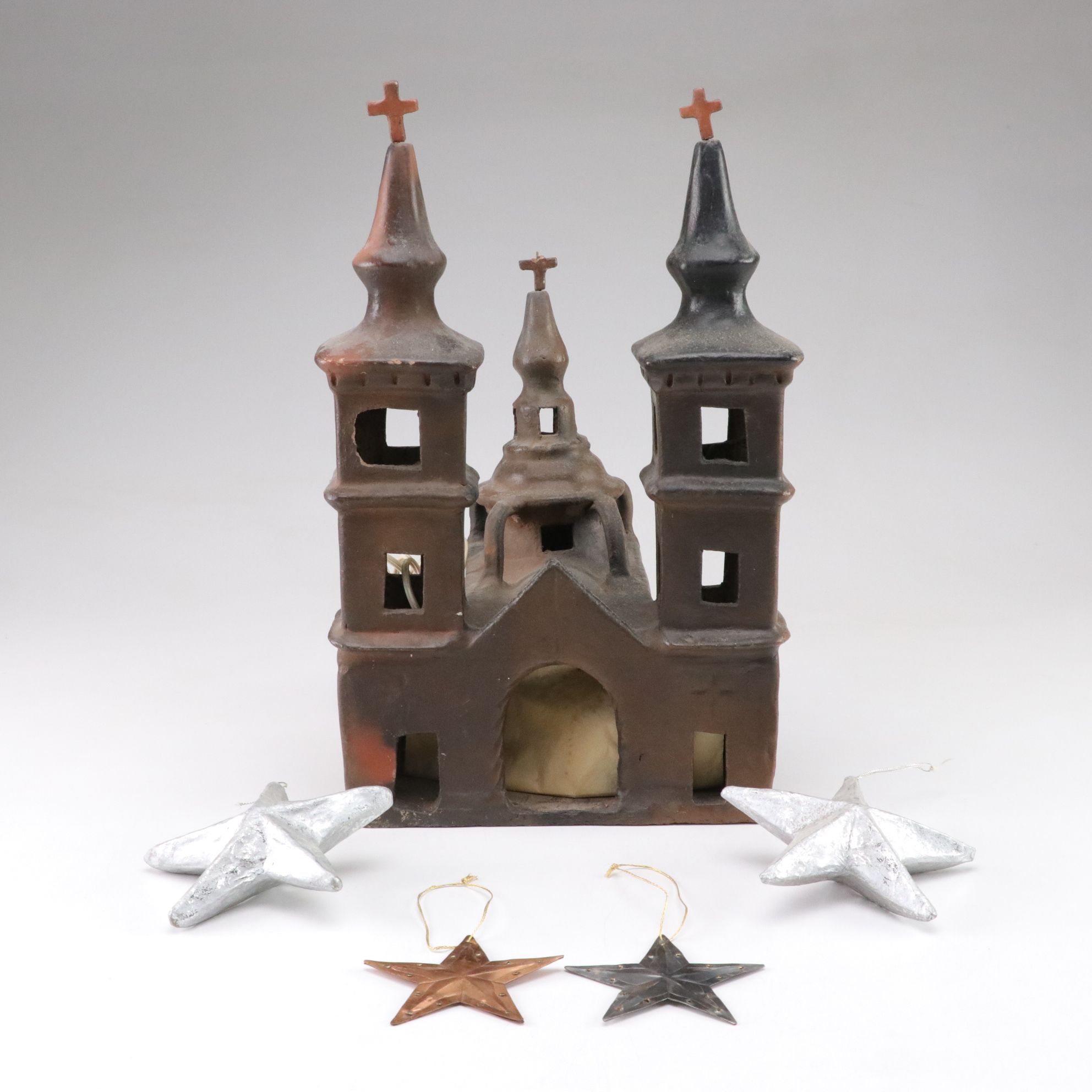 Mexican Folk Art Clay Light-Up Church Model with Star Ornaments