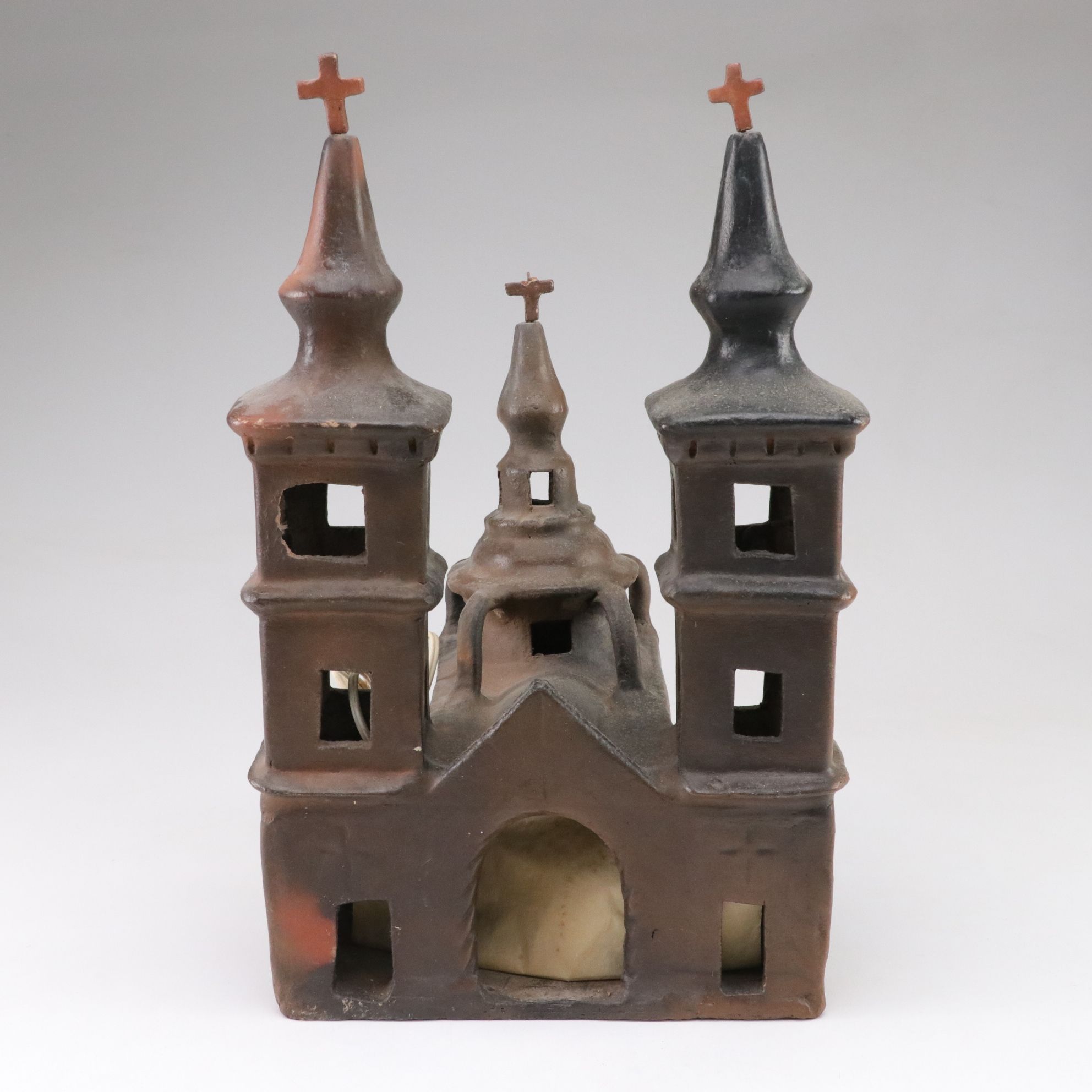 Mexican Folk Art Clay Light-Up Church Model with Star Ornaments
