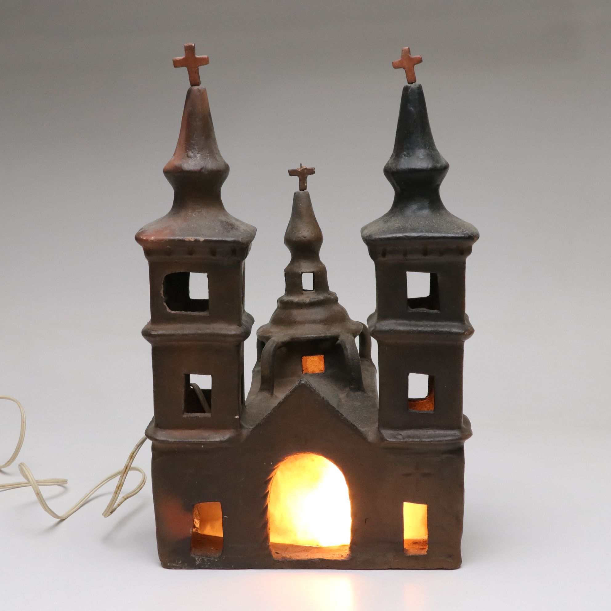 Mexican Folk Art Clay Light-Up Church Model with Star Ornaments