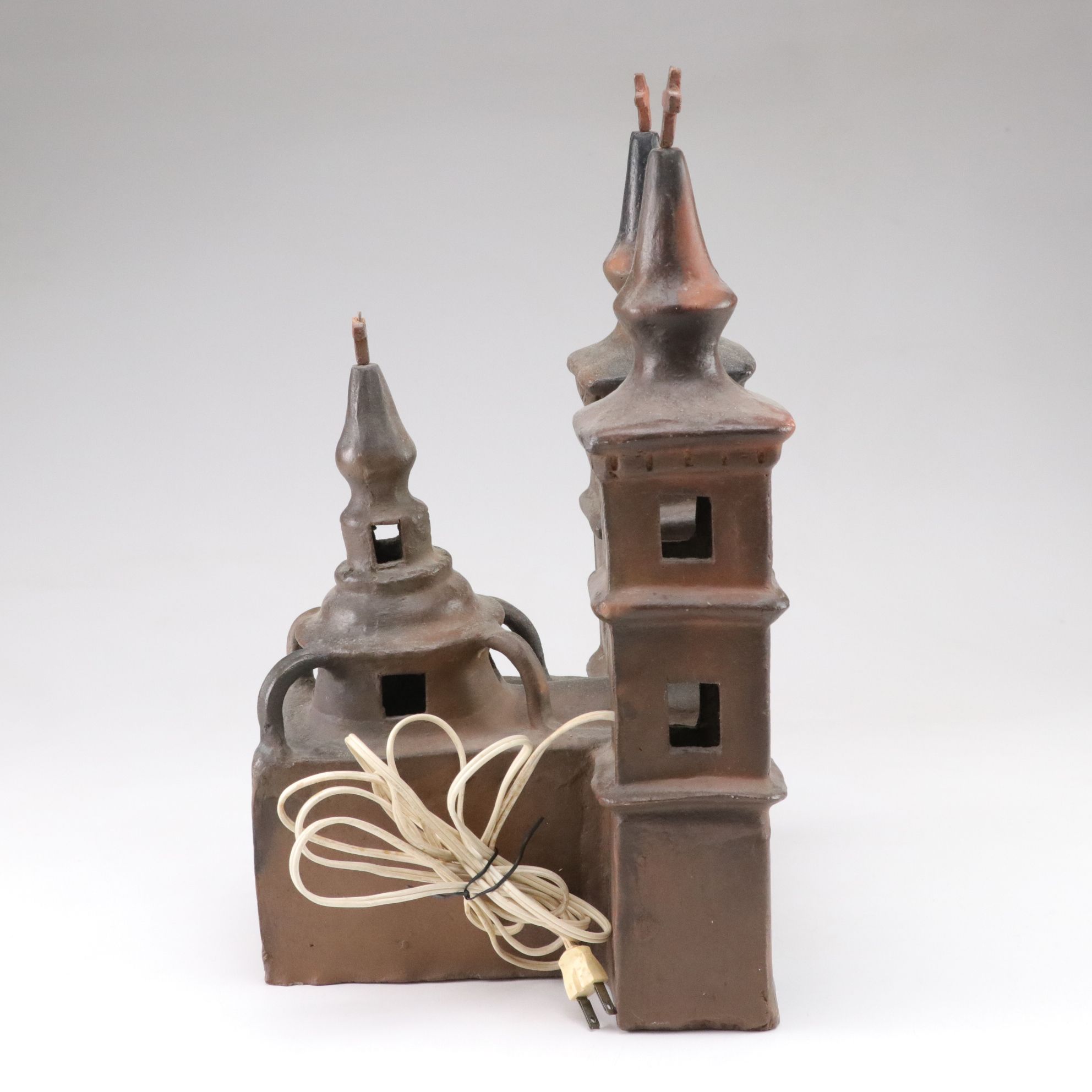 Mexican Folk Art Clay Light-Up Church Model with Star Ornaments