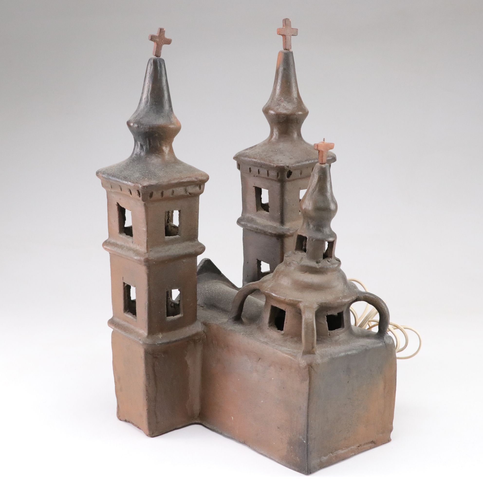Mexican Folk Art Clay Light-Up Church Model with Star Ornaments
