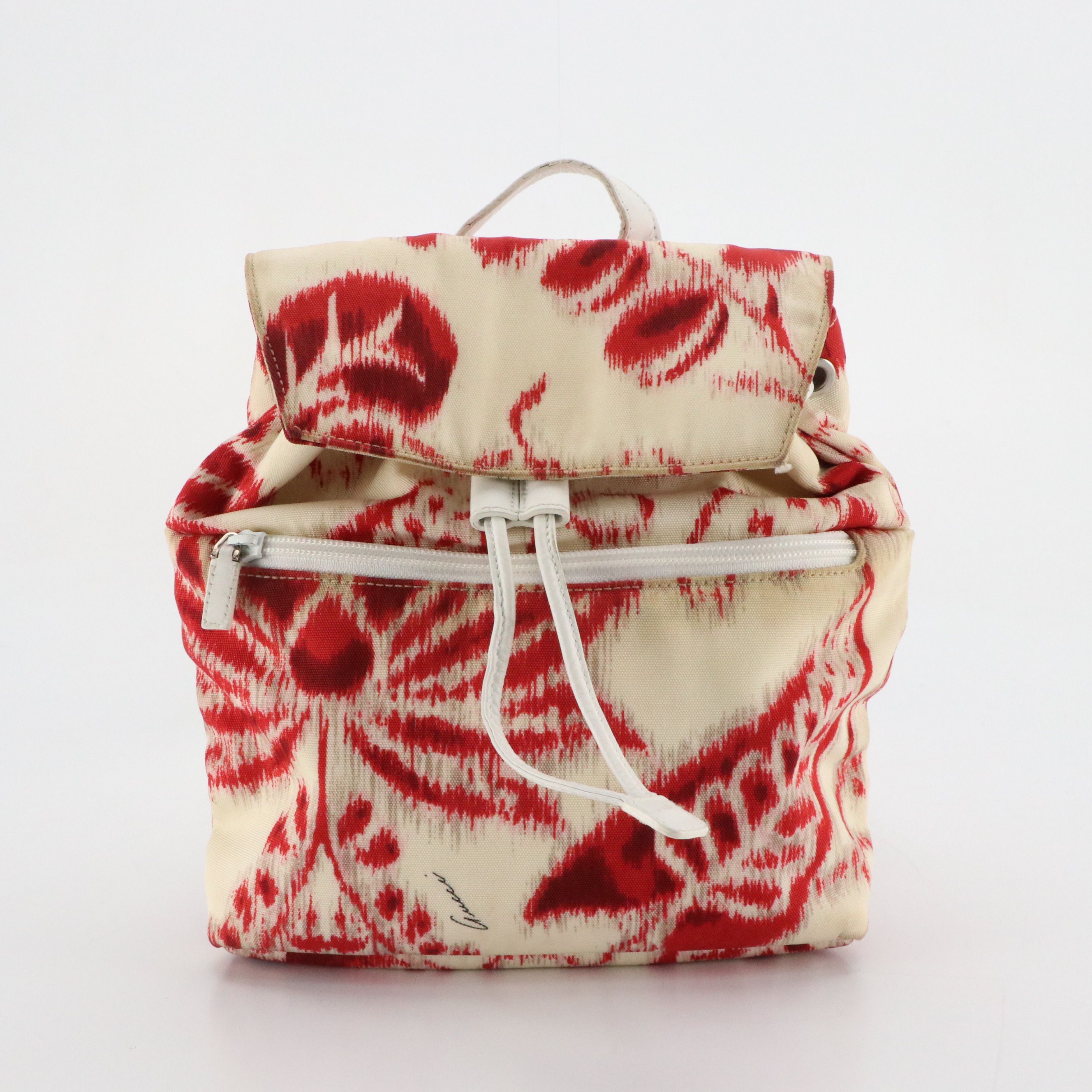 Gucci Small Patterned Nylon Backpack with White Calfskin Trim