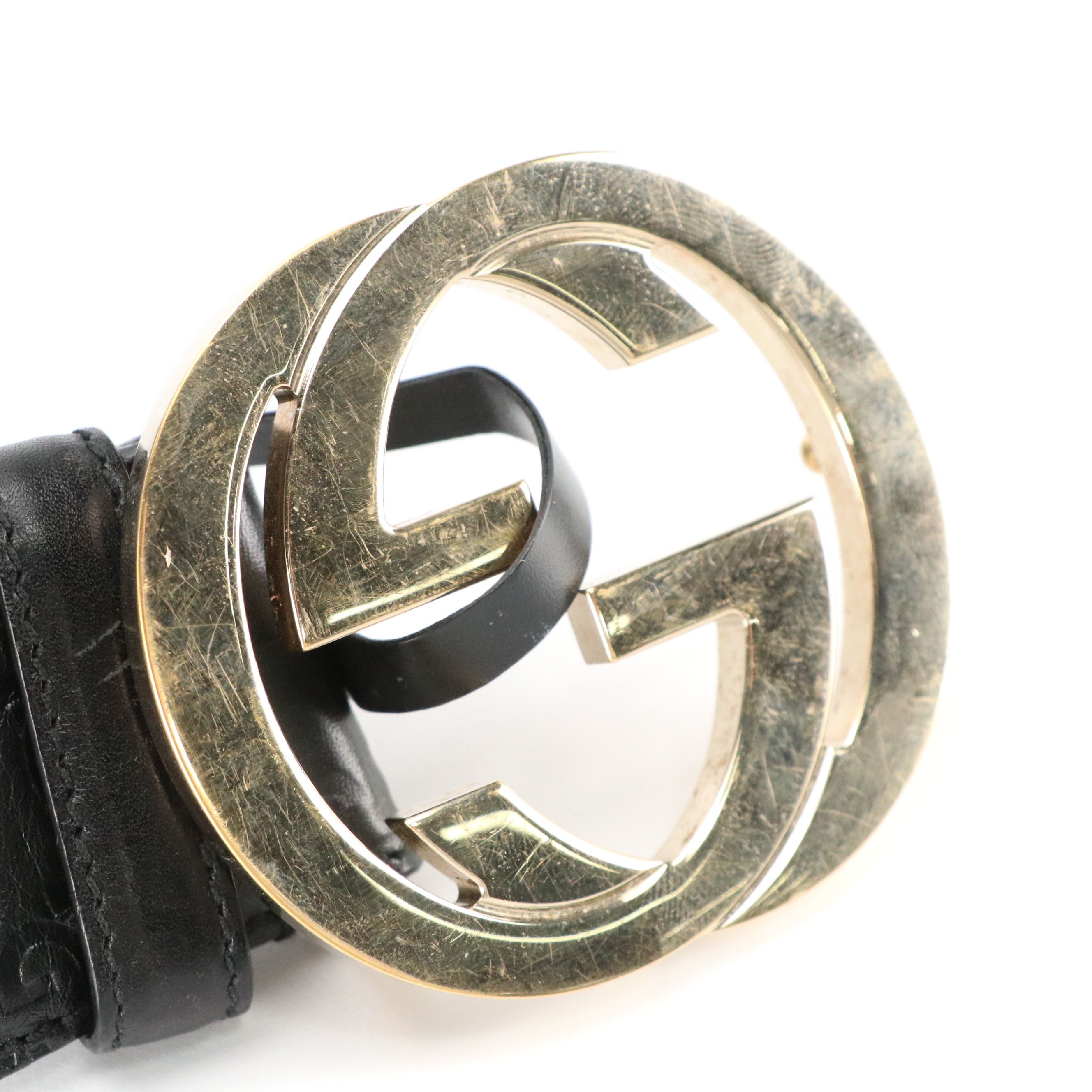 Gucci Black Guccissima Leather Belt with Gold Interlocking GG Buckle