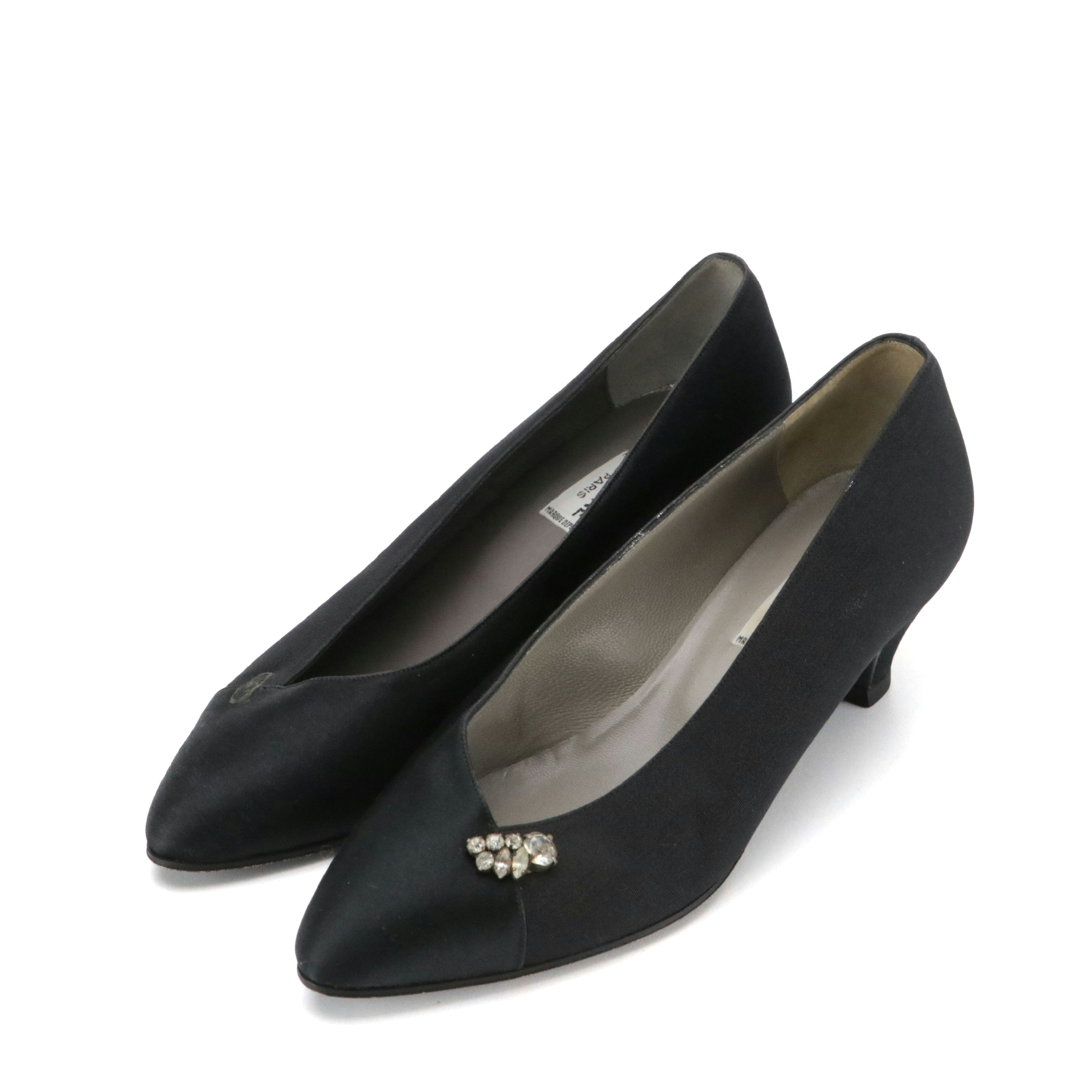 Celine Vintage Dress Heels in Black Fabric and Rhinestone Embellishments