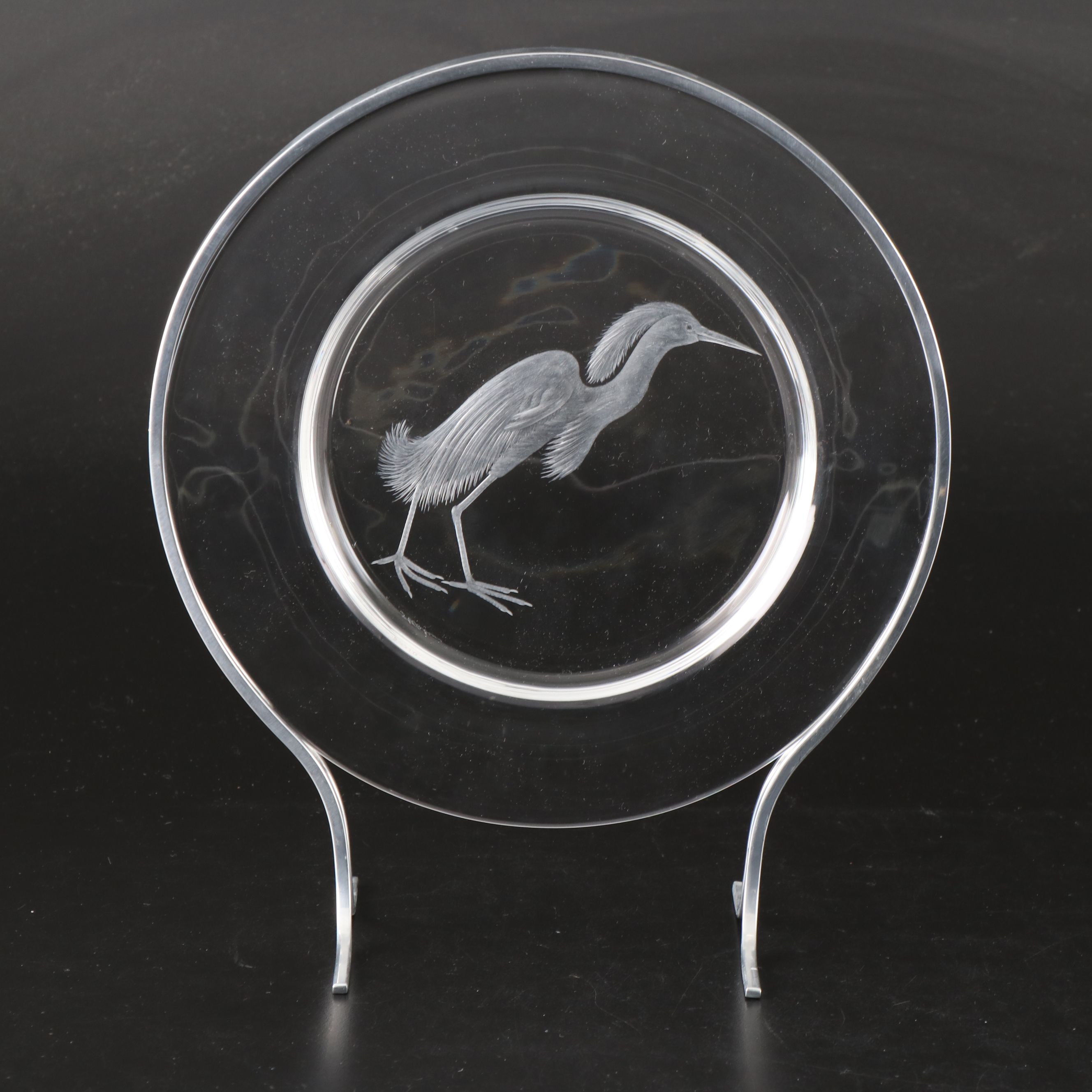 Steuben Glass "Audubon Birds" Etched Crystal Decorative Plates with Metal Stands