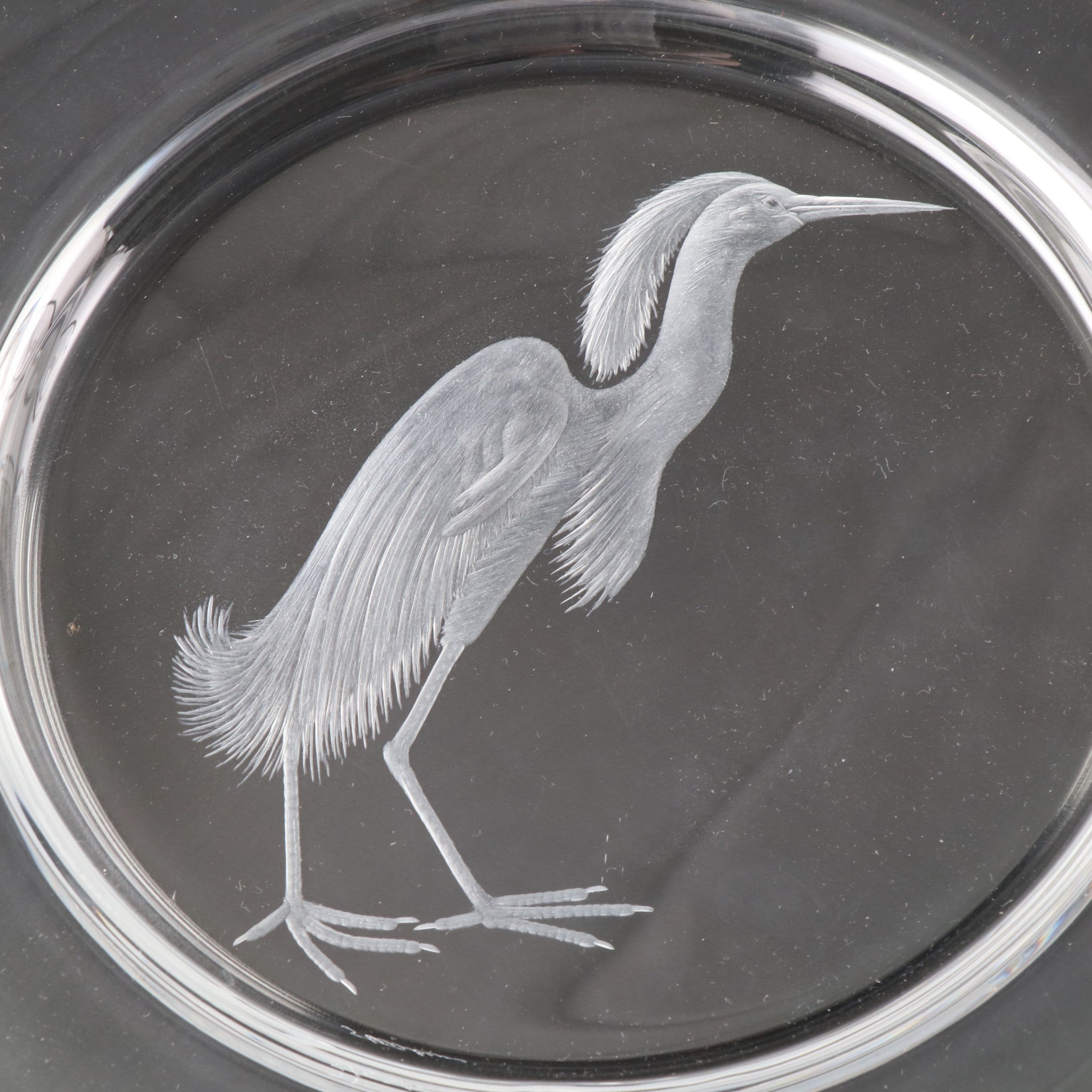 Steuben Glass "Audubon Birds" Etched Crystal Decorative Plates with Metal Stands