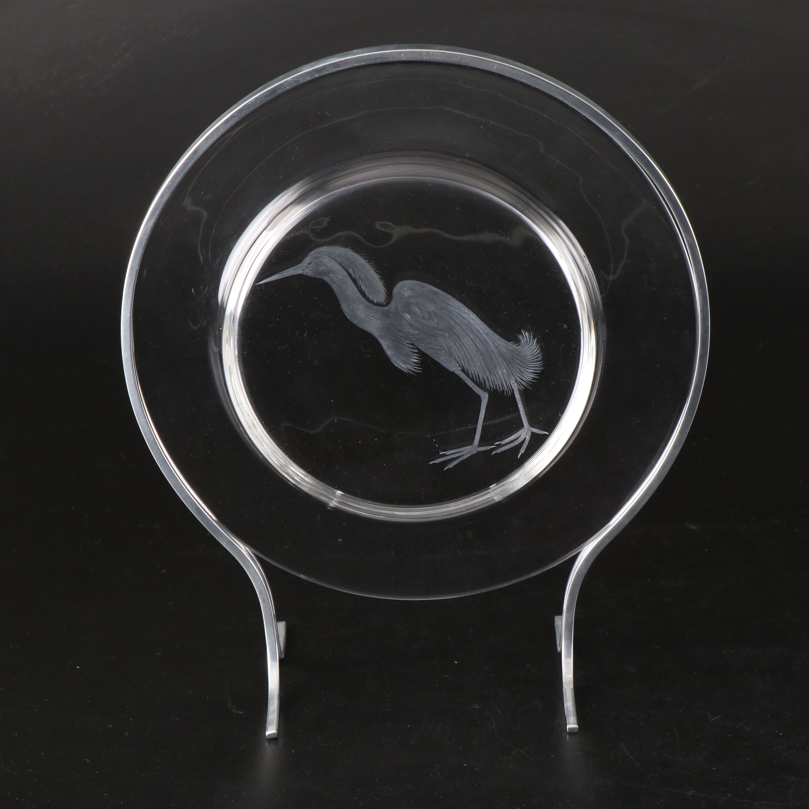 Steuben Glass "Audubon Birds" Etched Crystal Decorative Plates with Metal Stands