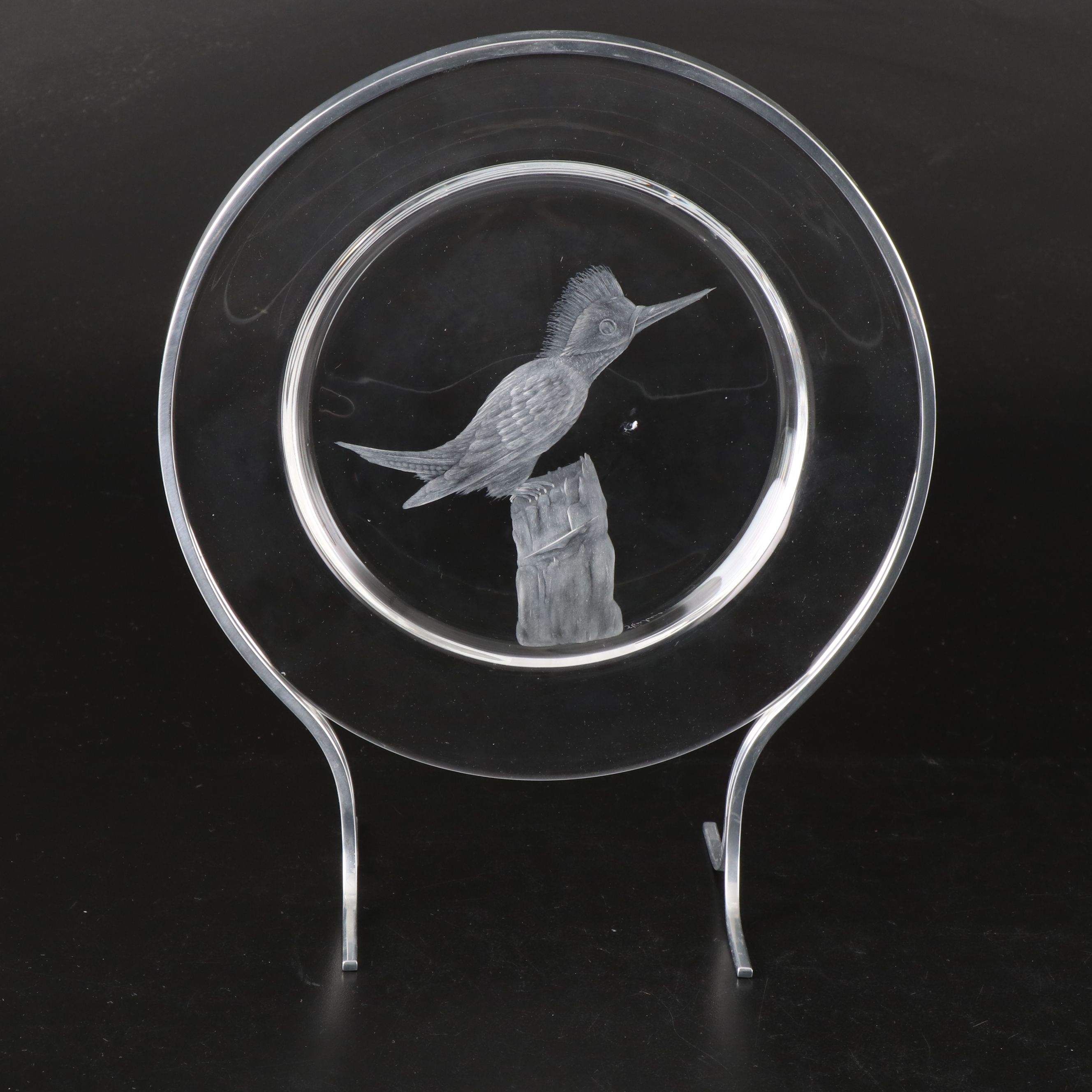 Steuben Glass "Audubon Birds" Etched Crystal Decorative Plates with Metal Stands