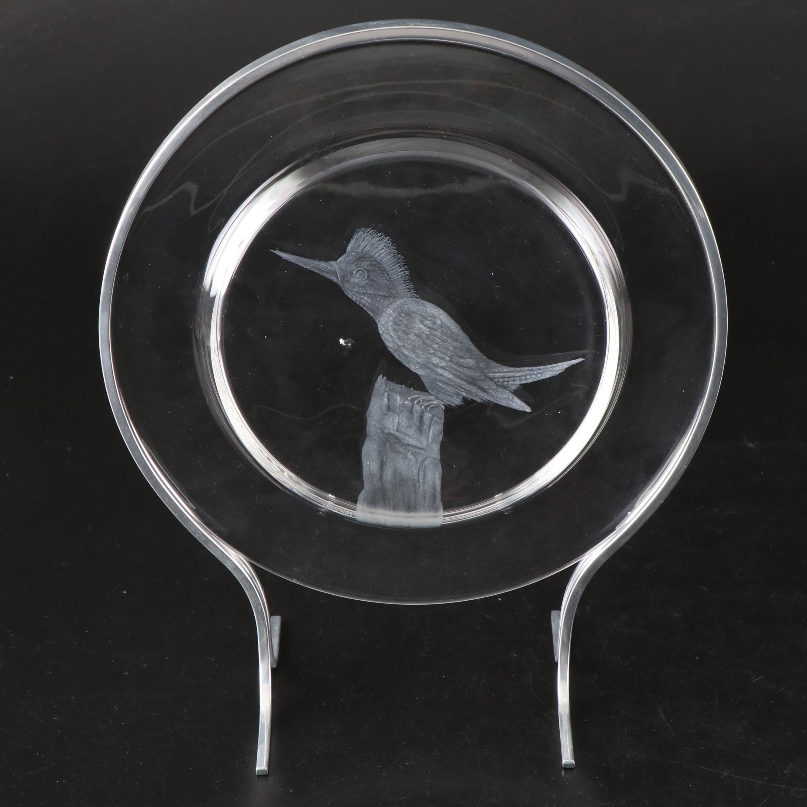 Steuben Glass "Audubon Birds" Etched Crystal Decorative Plates with Metal Stands