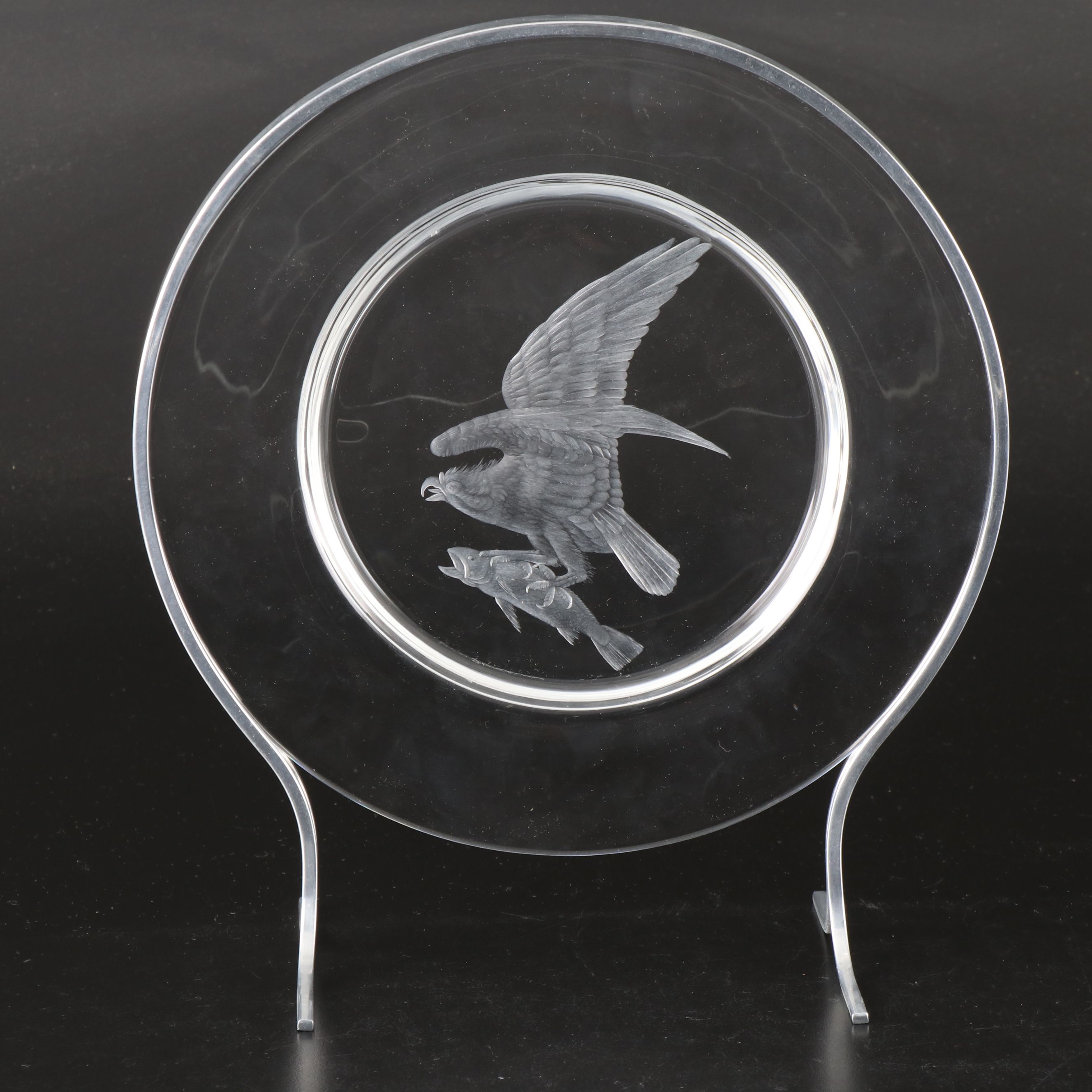 Steuben Glass "Audubon Birds" Etched Crystal Decorative Plates with Metal Stands