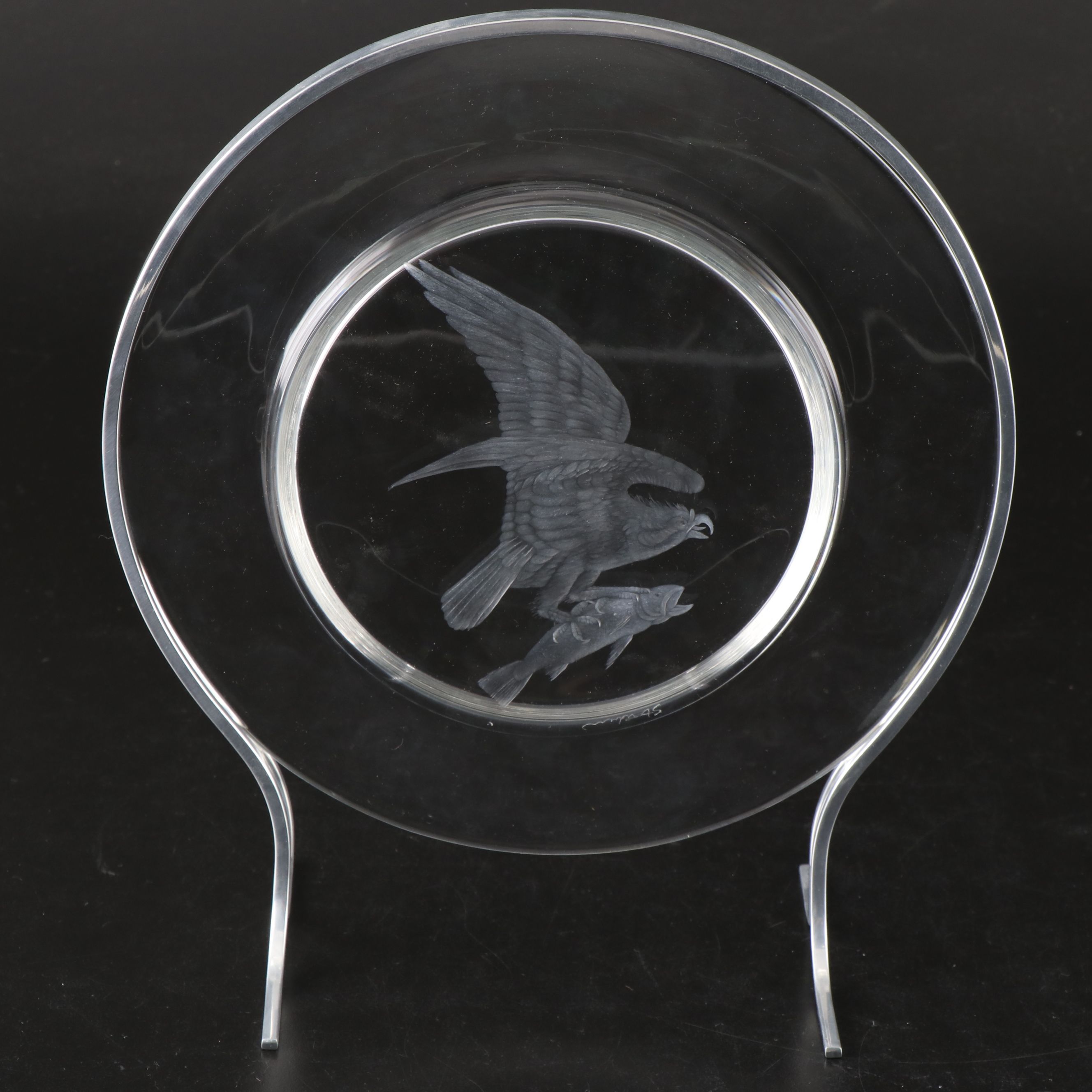 Steuben Glass "Audubon Birds" Etched Crystal Decorative Plates with Metal Stands
