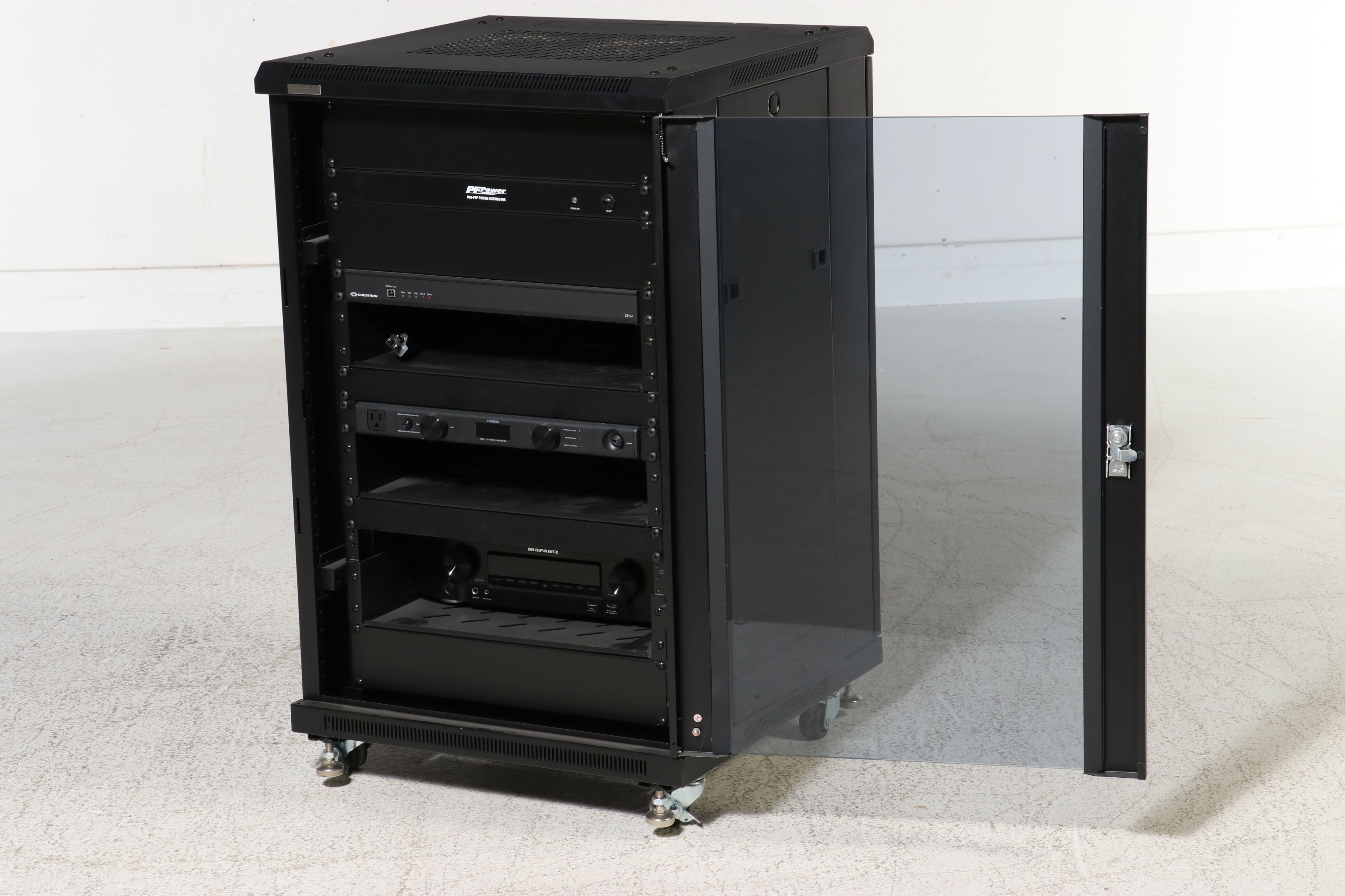 Omnimount Enclosed Equipment Rack with Marantz, PF Power, Other Components