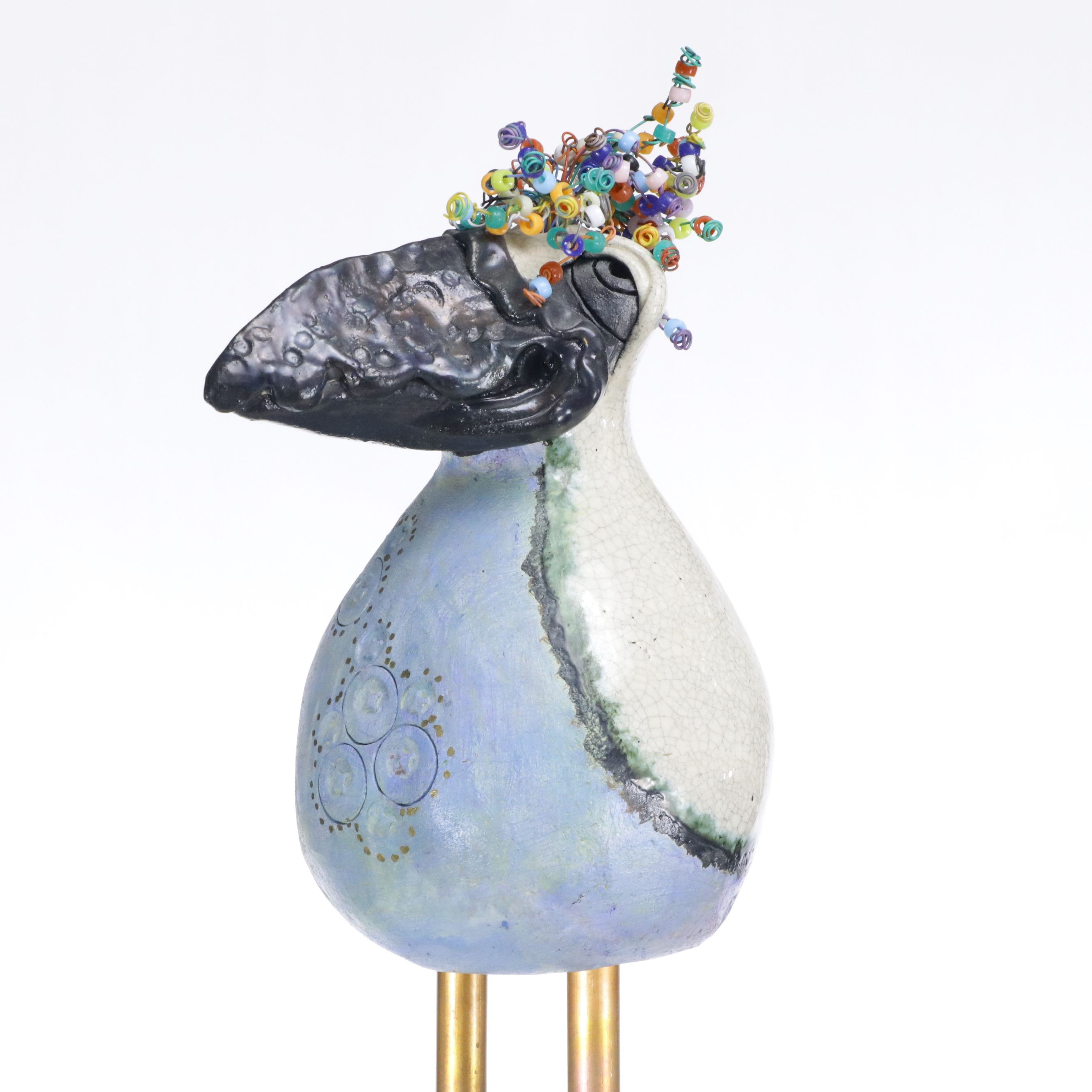 Aletha Rector Art Pottery Polychrome Bird Sculpture with Beads