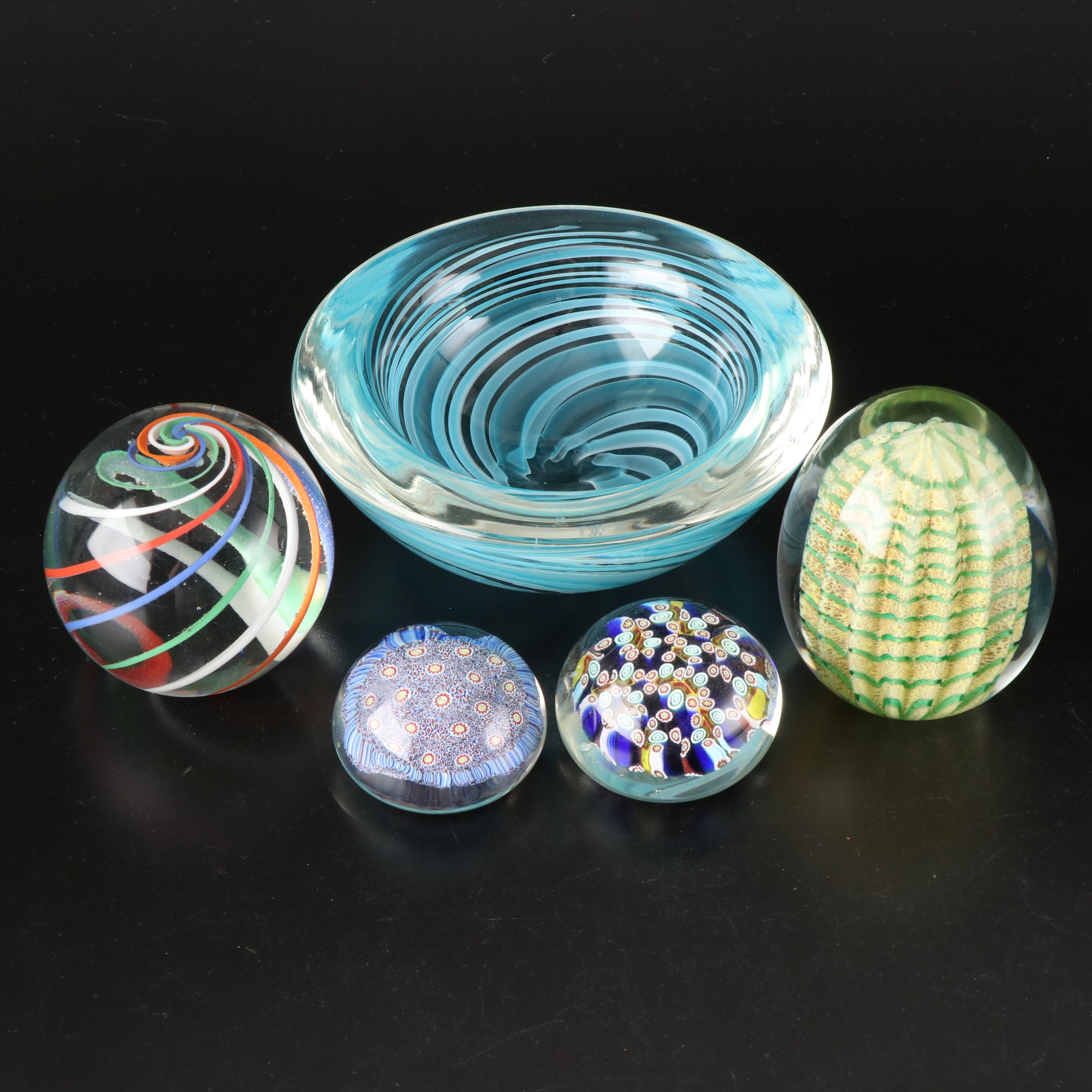 Artist Signed Spiral Bowl with Millefiori and Other Art Glass Paperweights