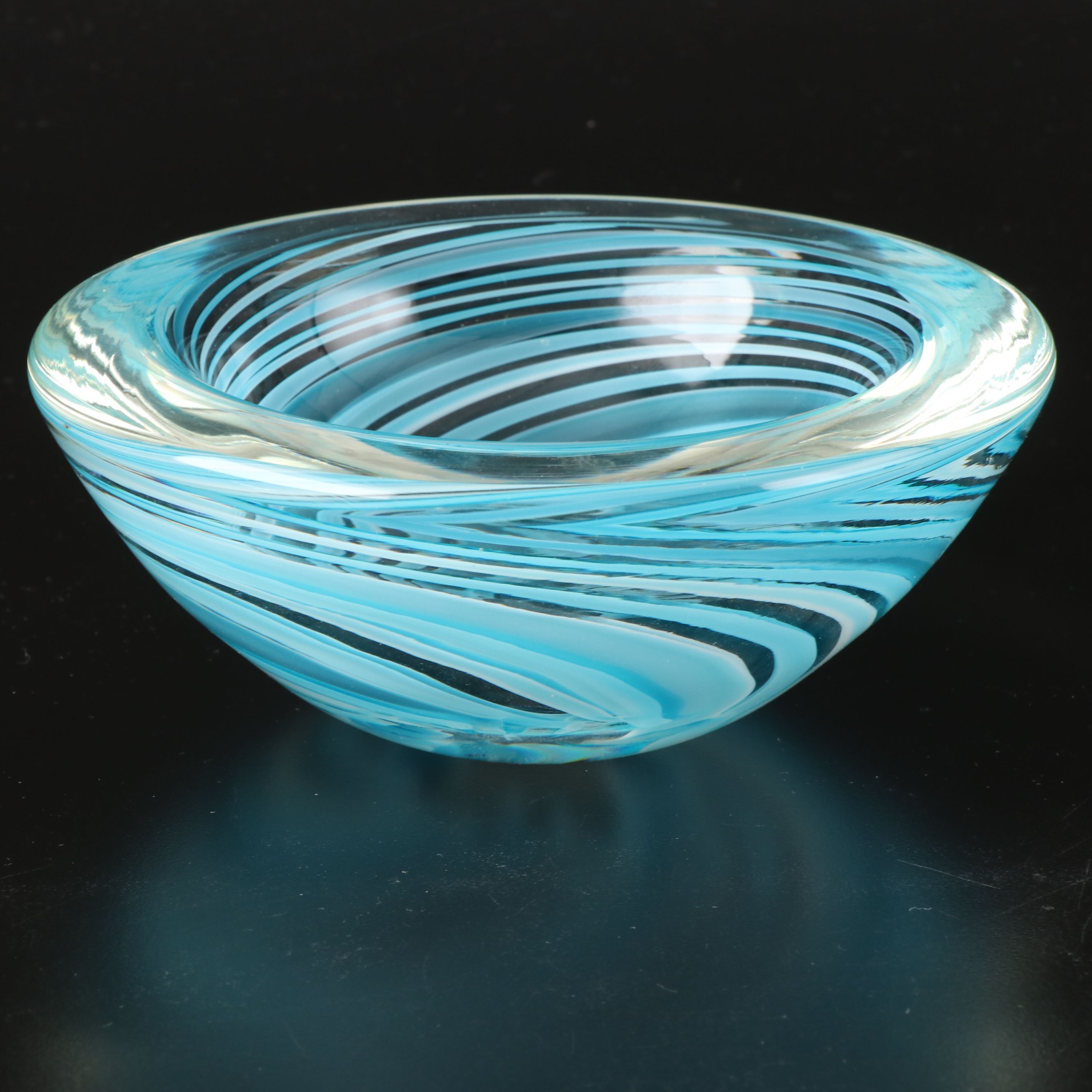 Artist Signed Spiral Bowl with Millefiori and Other Art Glass Paperweights