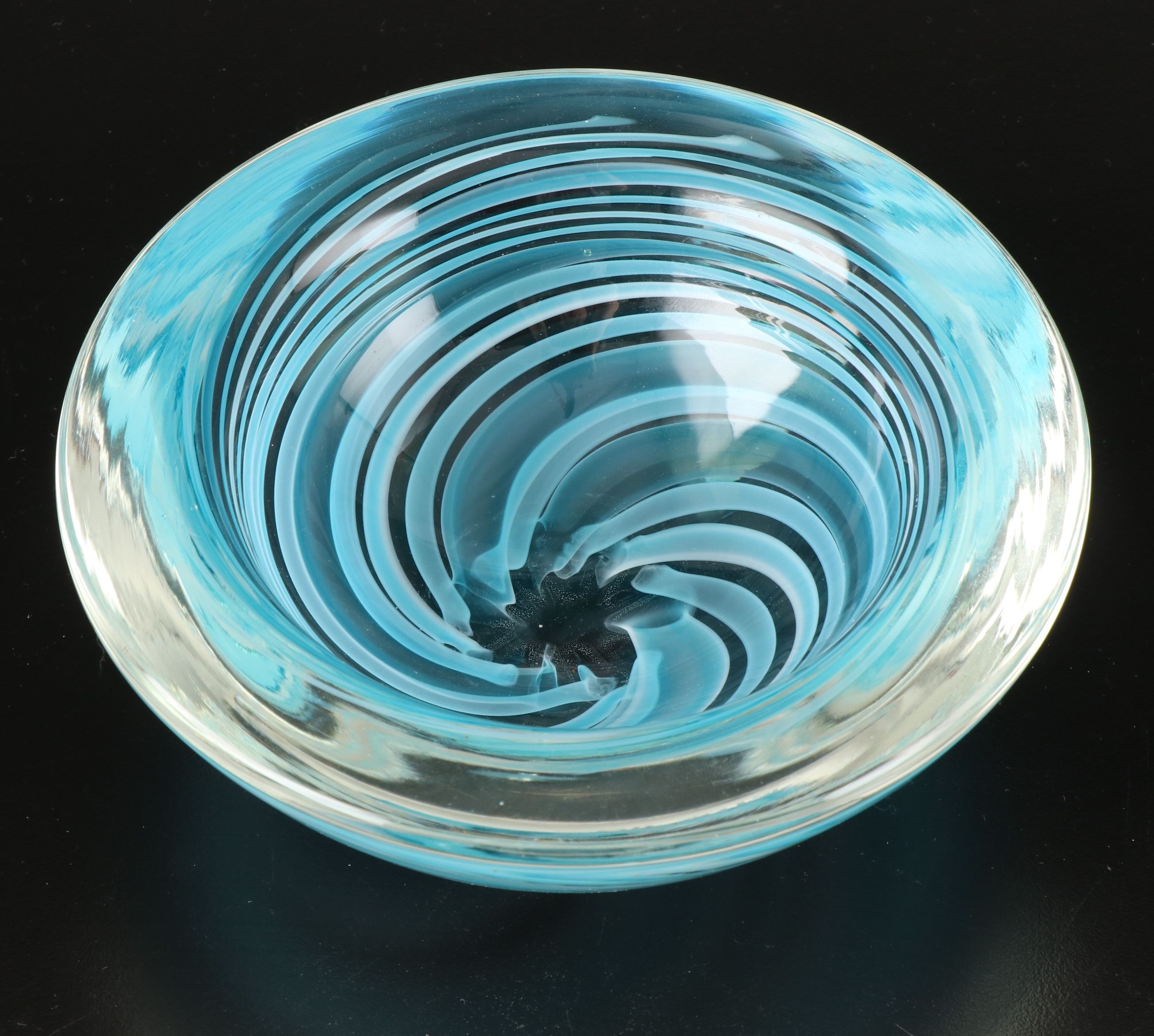 Artist Signed Spiral Bowl with Millefiori and Other Art Glass Paperweights