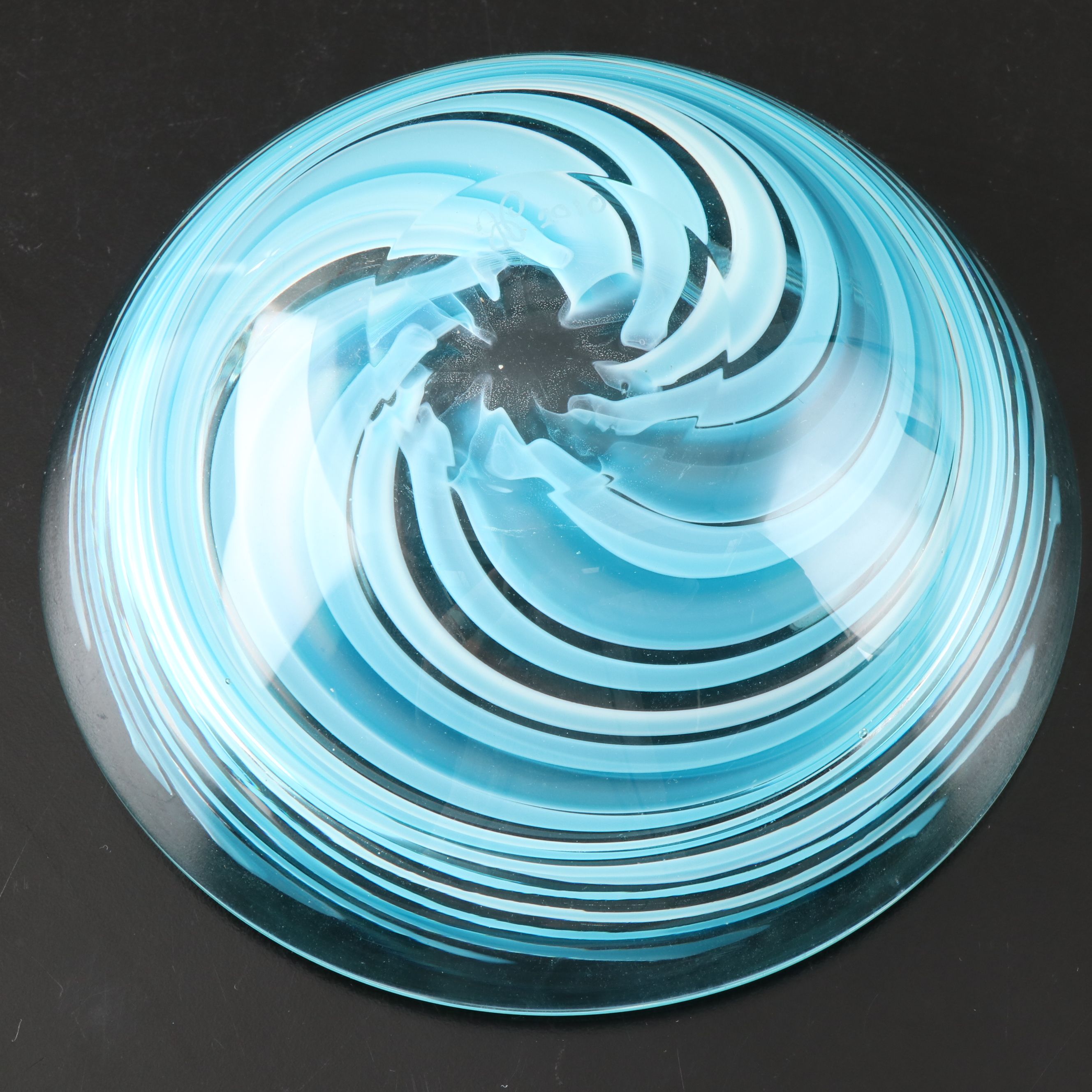 Artist Signed Spiral Bowl with Millefiori and Other Art Glass Paperweights