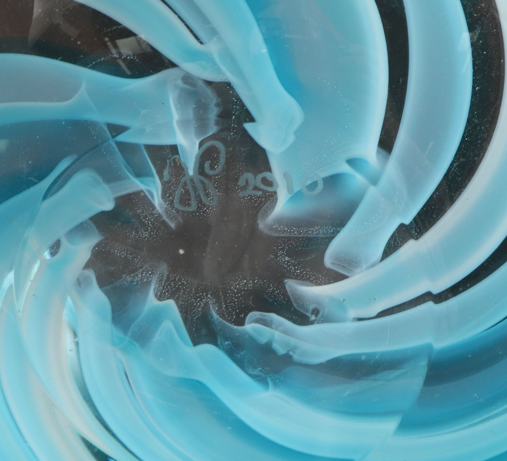 Artist Signed Spiral Bowl with Millefiori and Other Art Glass Paperweights