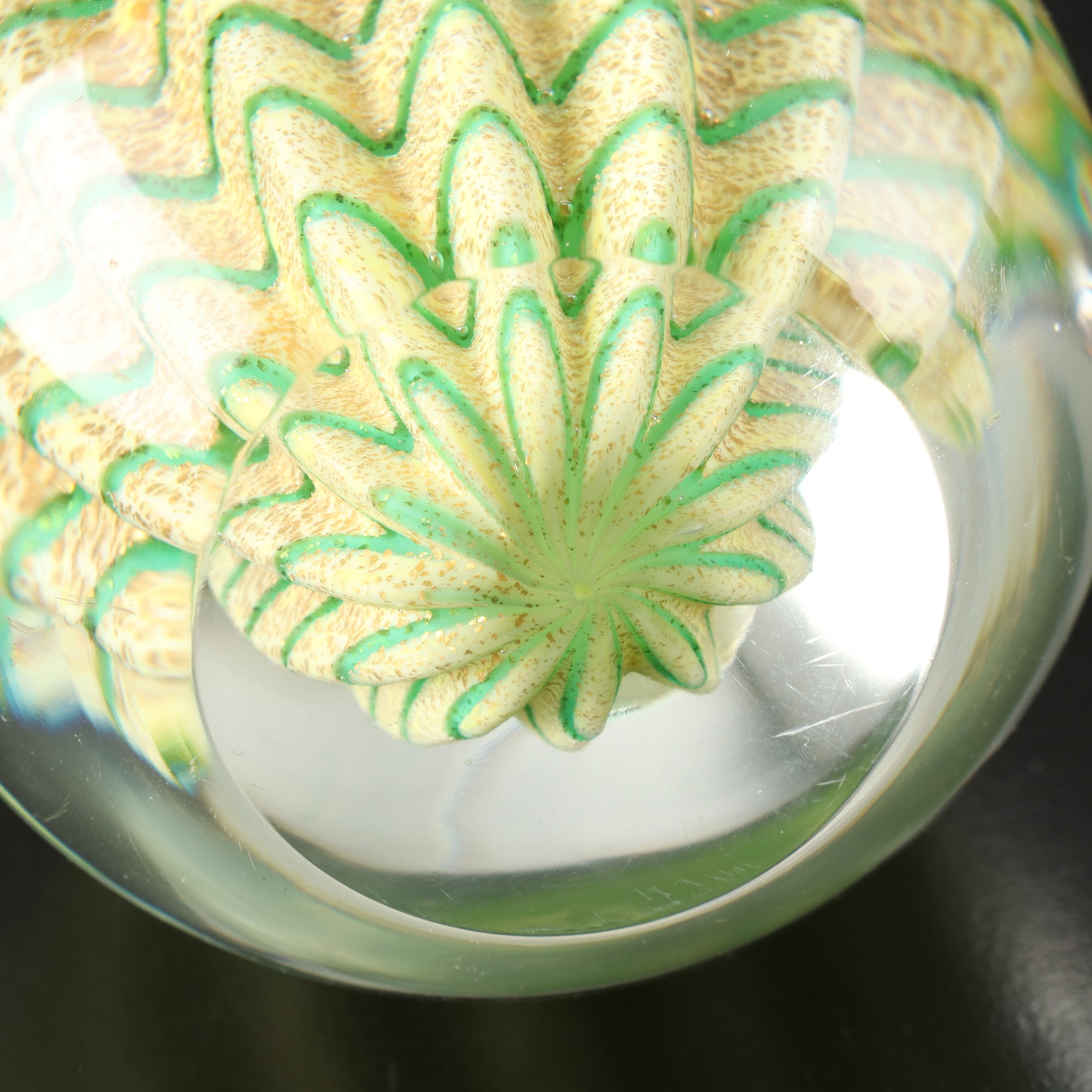 Artist Signed Spiral Bowl with Millefiori and Other Art Glass Paperweights