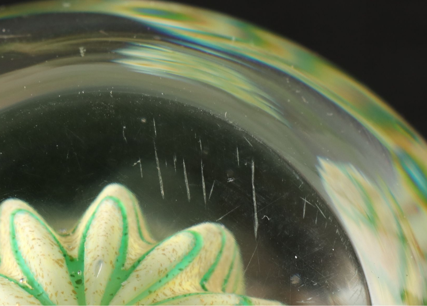 Artist Signed Spiral Bowl with Millefiori and Other Art Glass Paperweights