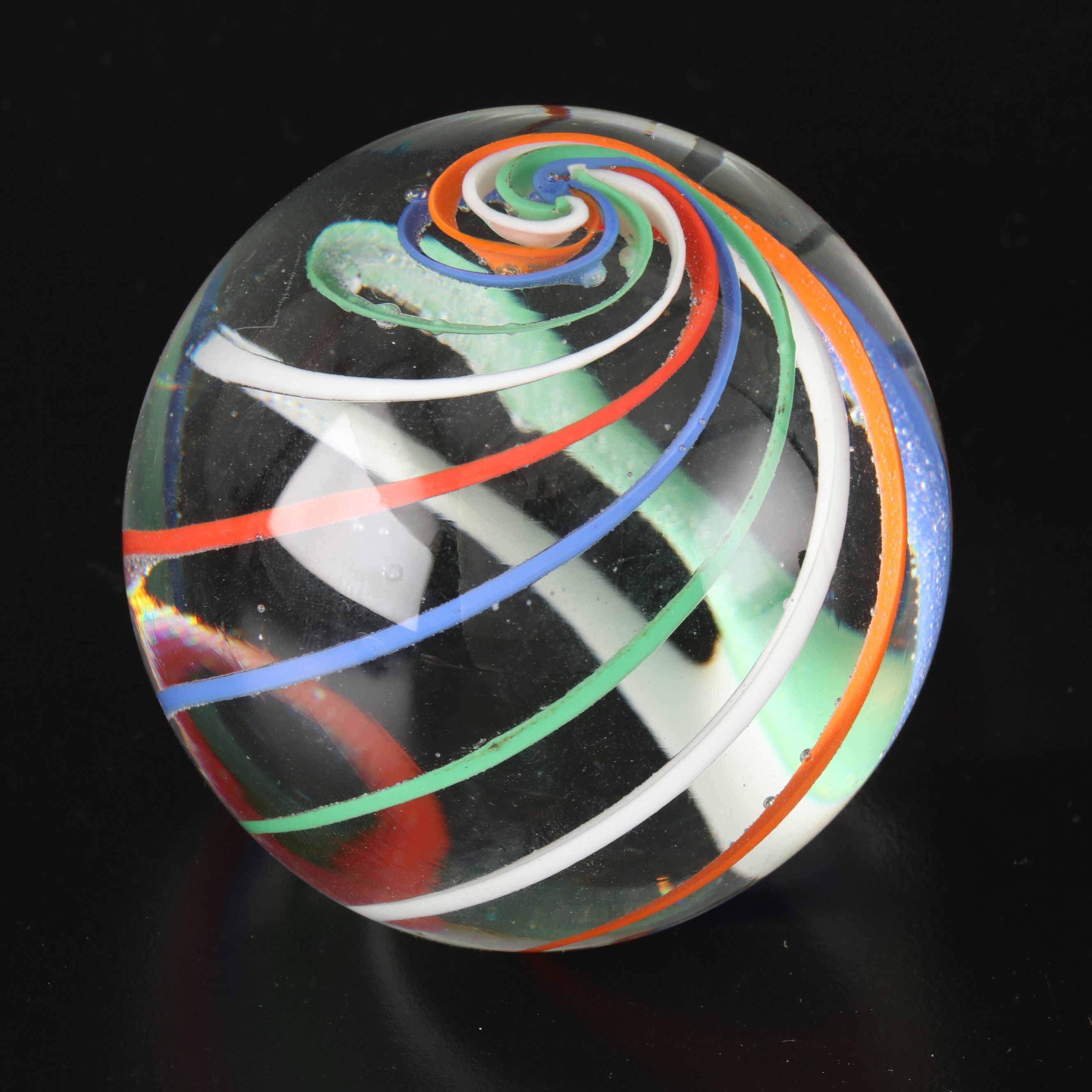 Artist Signed Spiral Bowl with Millefiori and Other Art Glass Paperweights