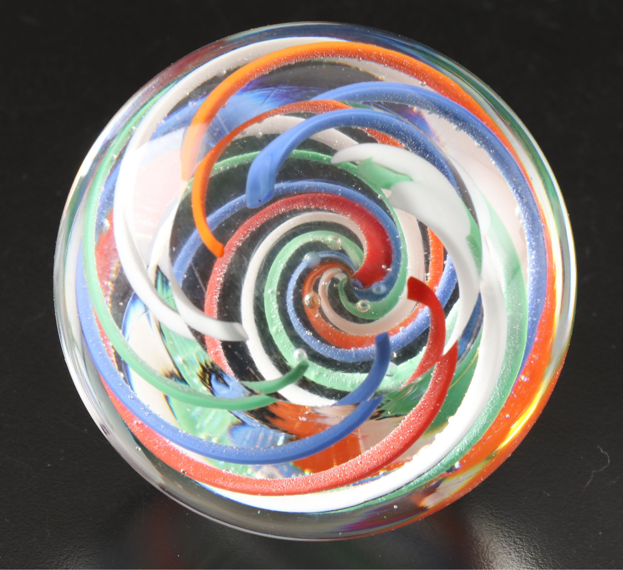 Artist Signed Spiral Bowl with Millefiori and Other Art Glass Paperweights