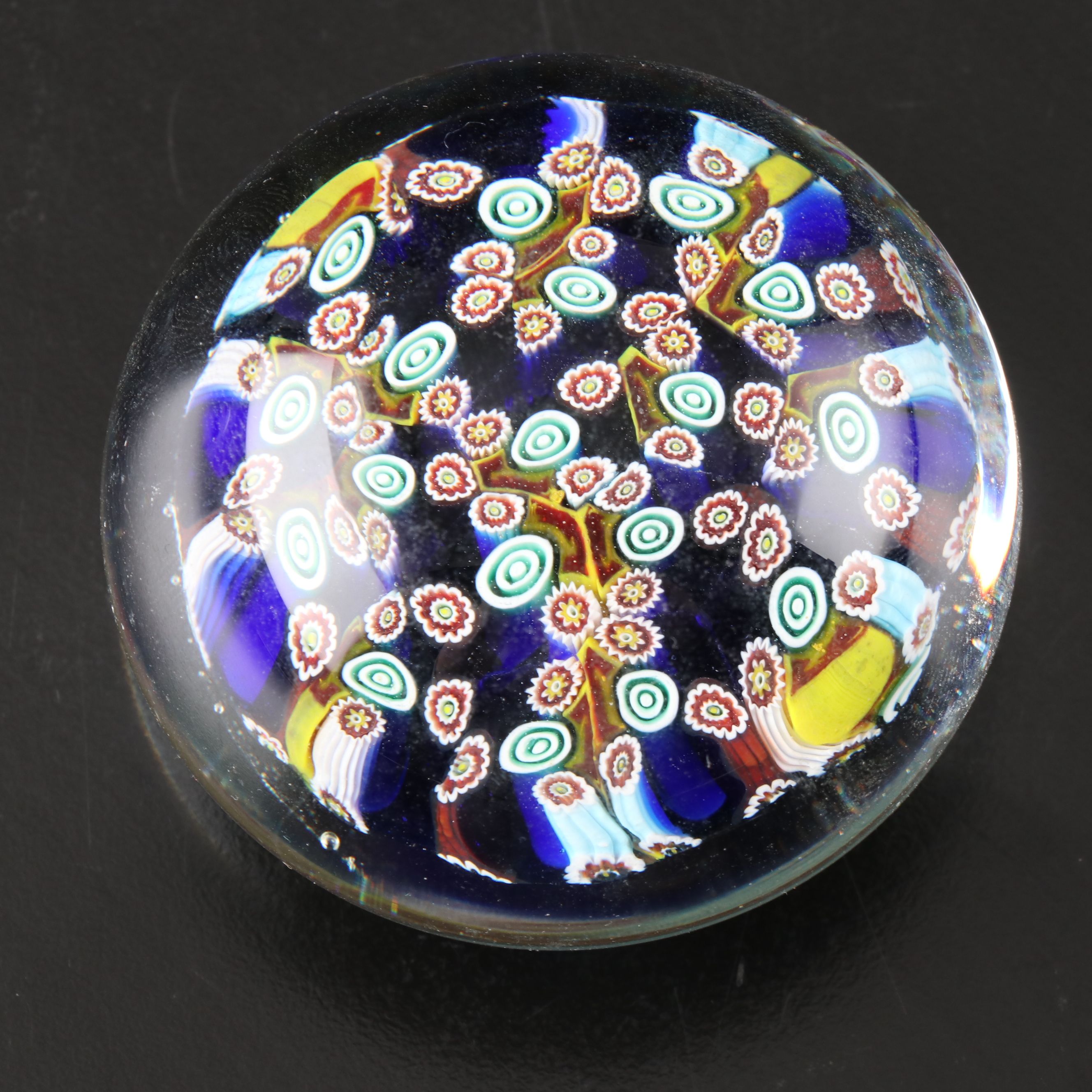 Artist Signed Spiral Bowl with Millefiori and Other Art Glass Paperweights