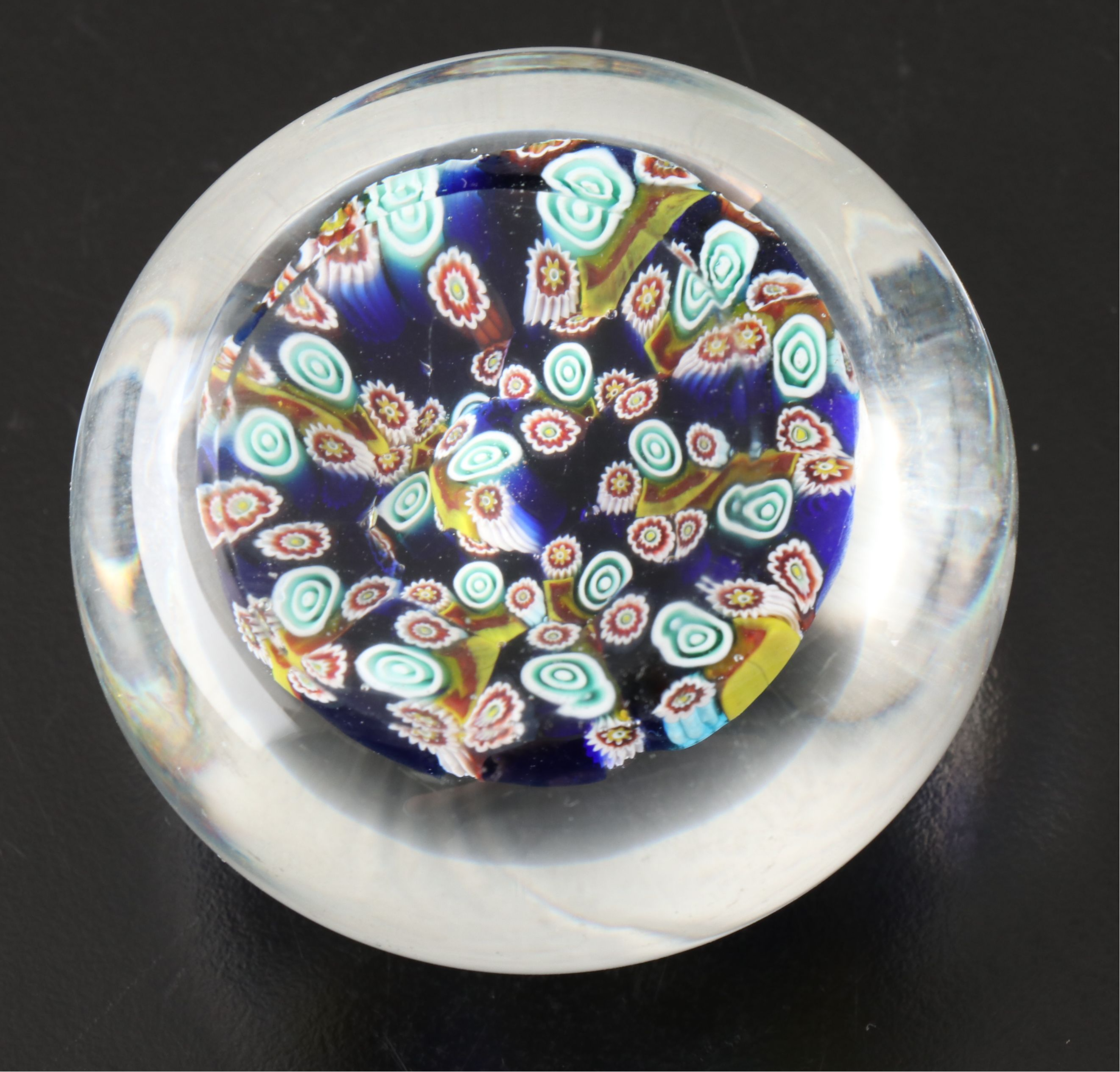 Artist Signed Spiral Bowl with Millefiori and Other Art Glass Paperweights