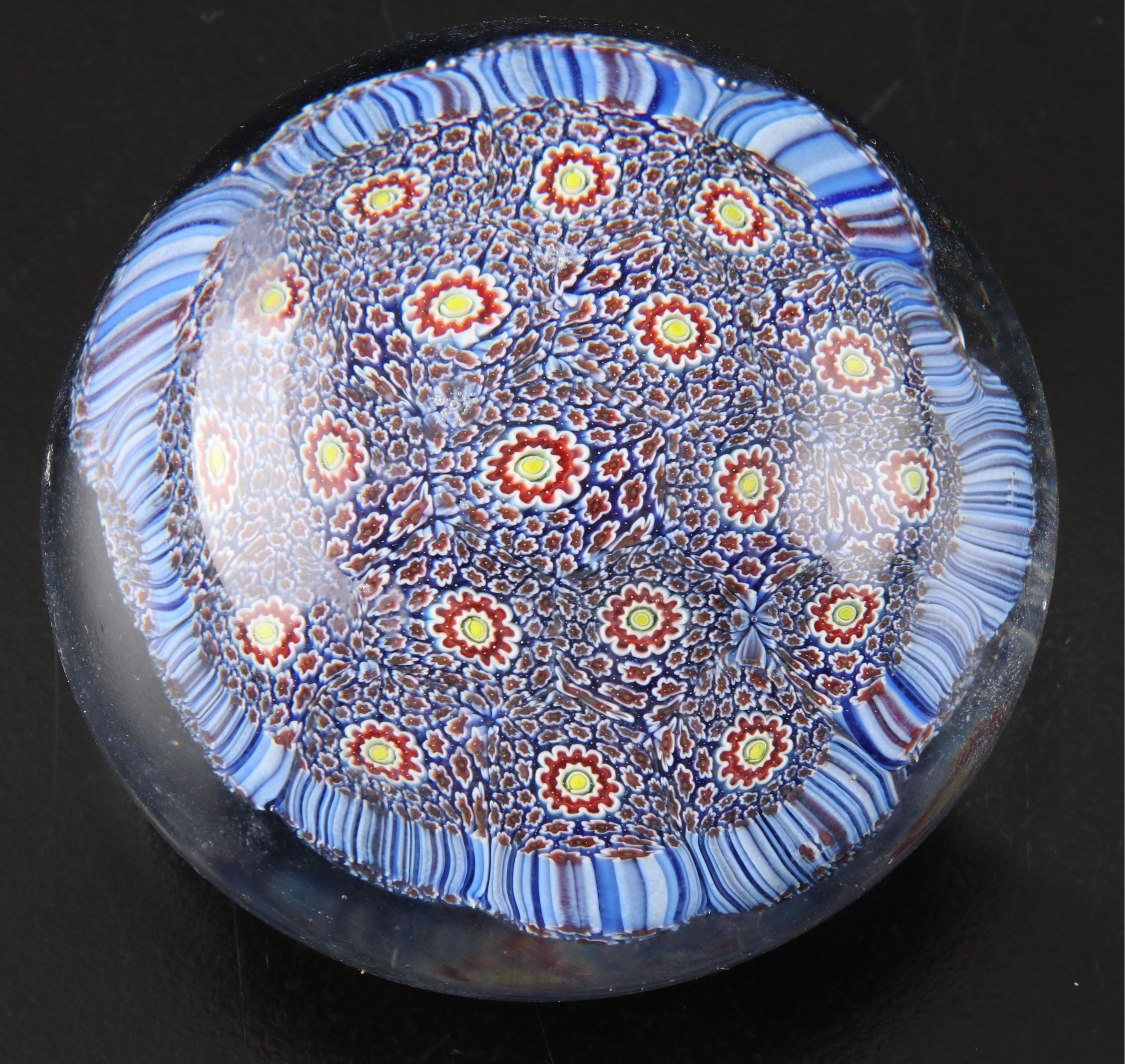 Artist Signed Spiral Bowl with Millefiori and Other Art Glass Paperweights