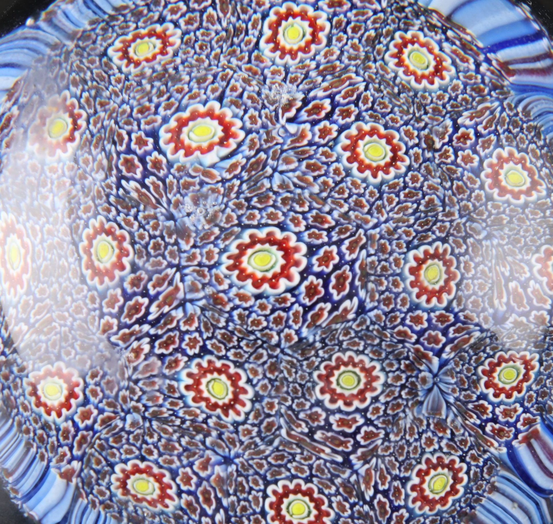 Artist Signed Spiral Bowl with Millefiori and Other Art Glass Paperweights