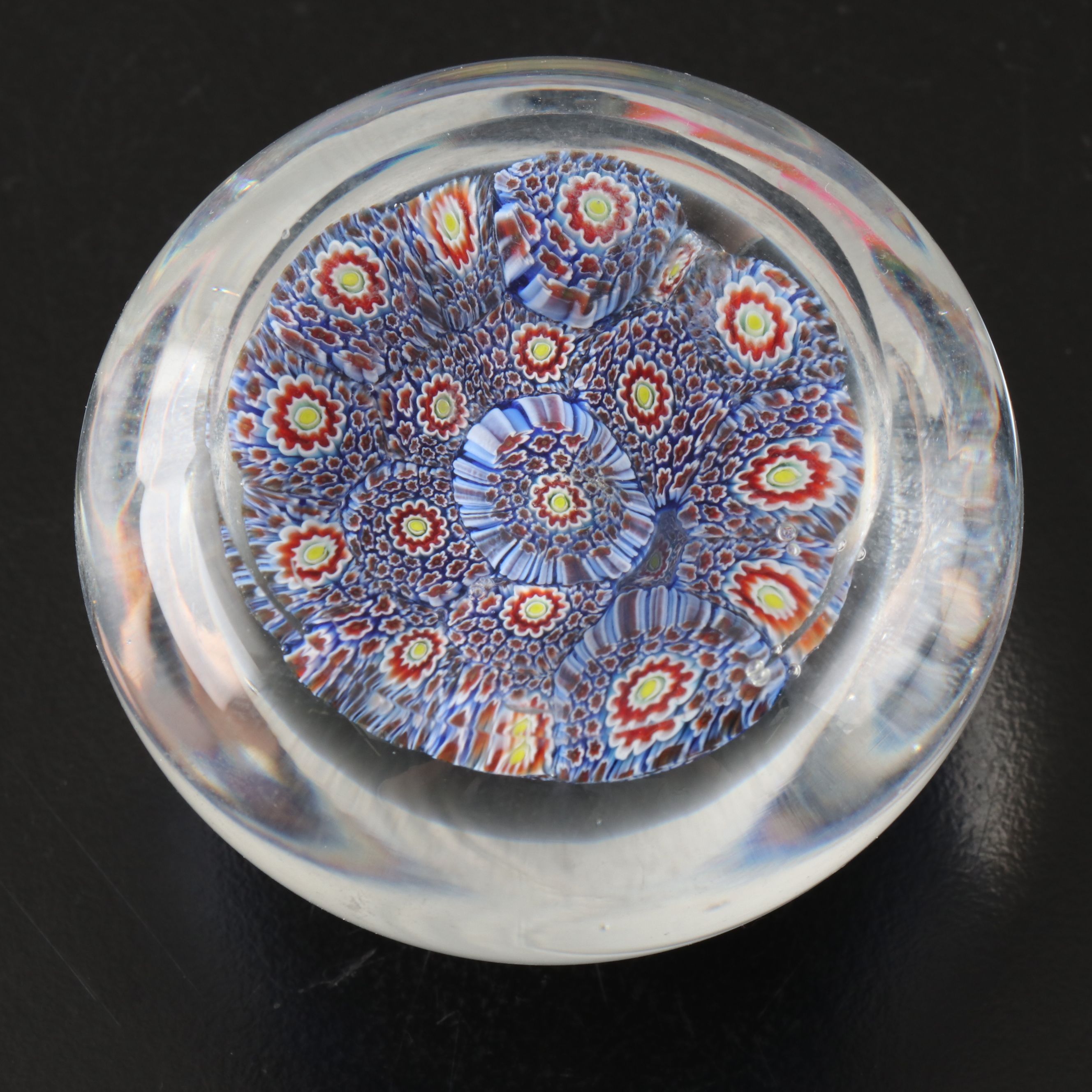 Artist Signed Spiral Bowl with Millefiori and Other Art Glass Paperweights