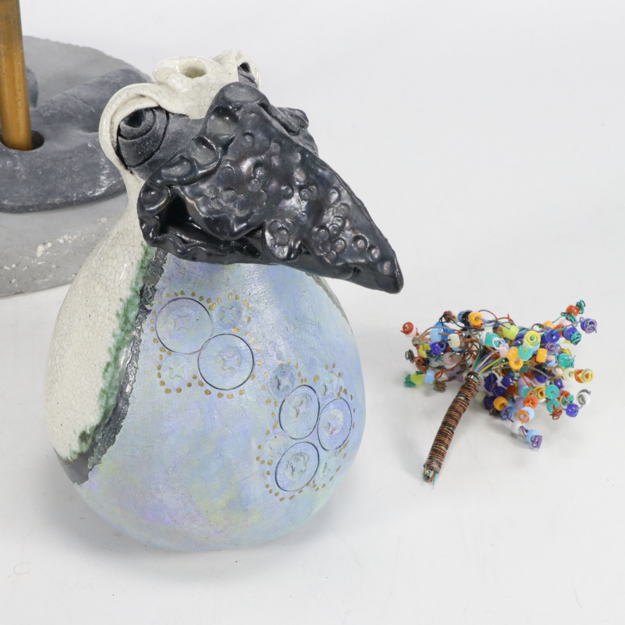 Aletha Rector Art Pottery Polychrome Bird Sculpture with Beads