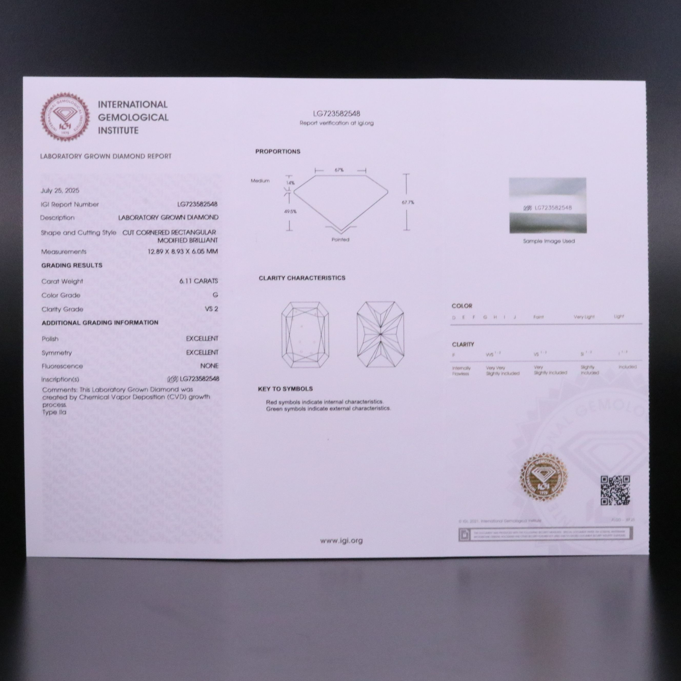Loose 6.11 CT Lab Grown Diamond with IGI Report