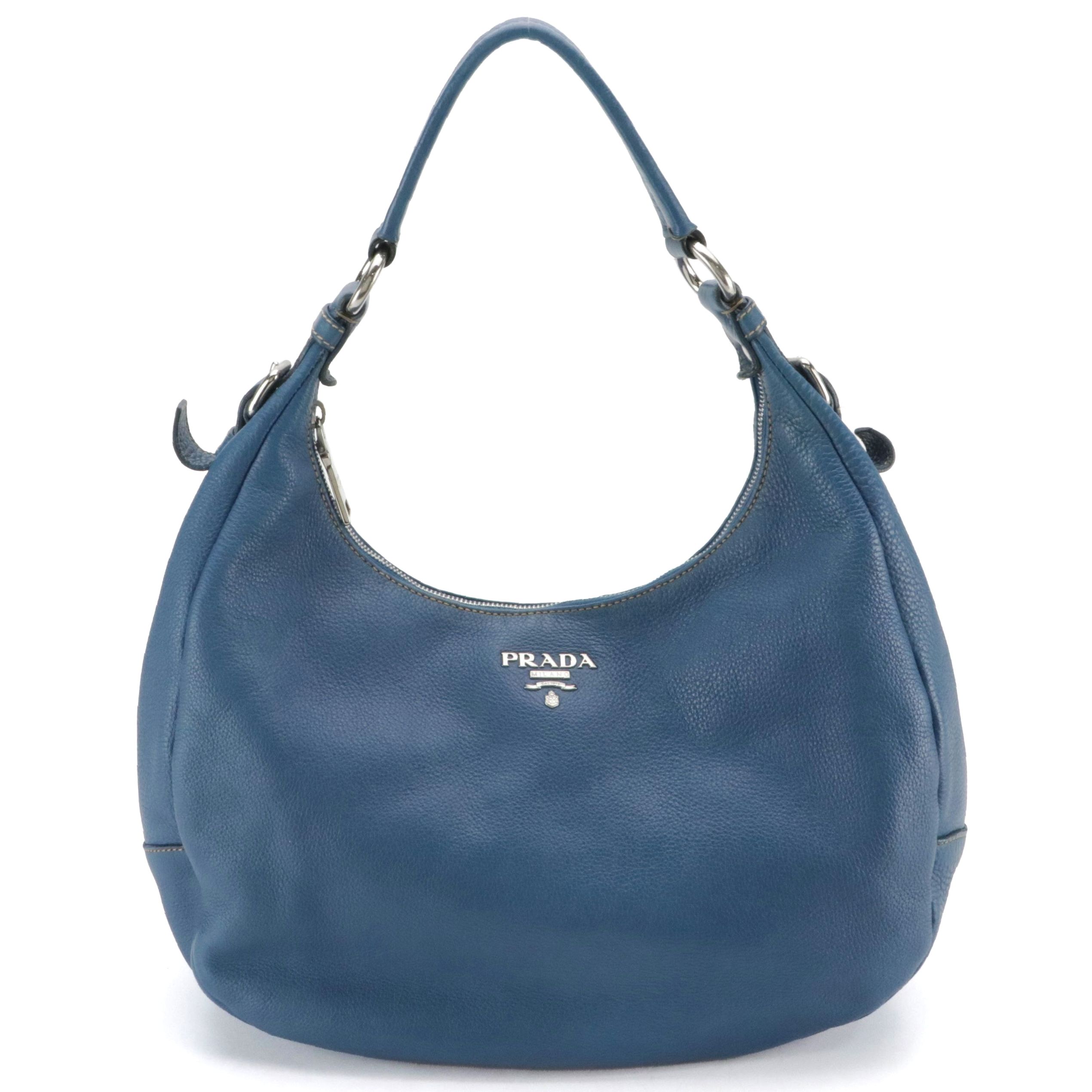 Prada Blue Vitello Daino Leather Hobo Bag