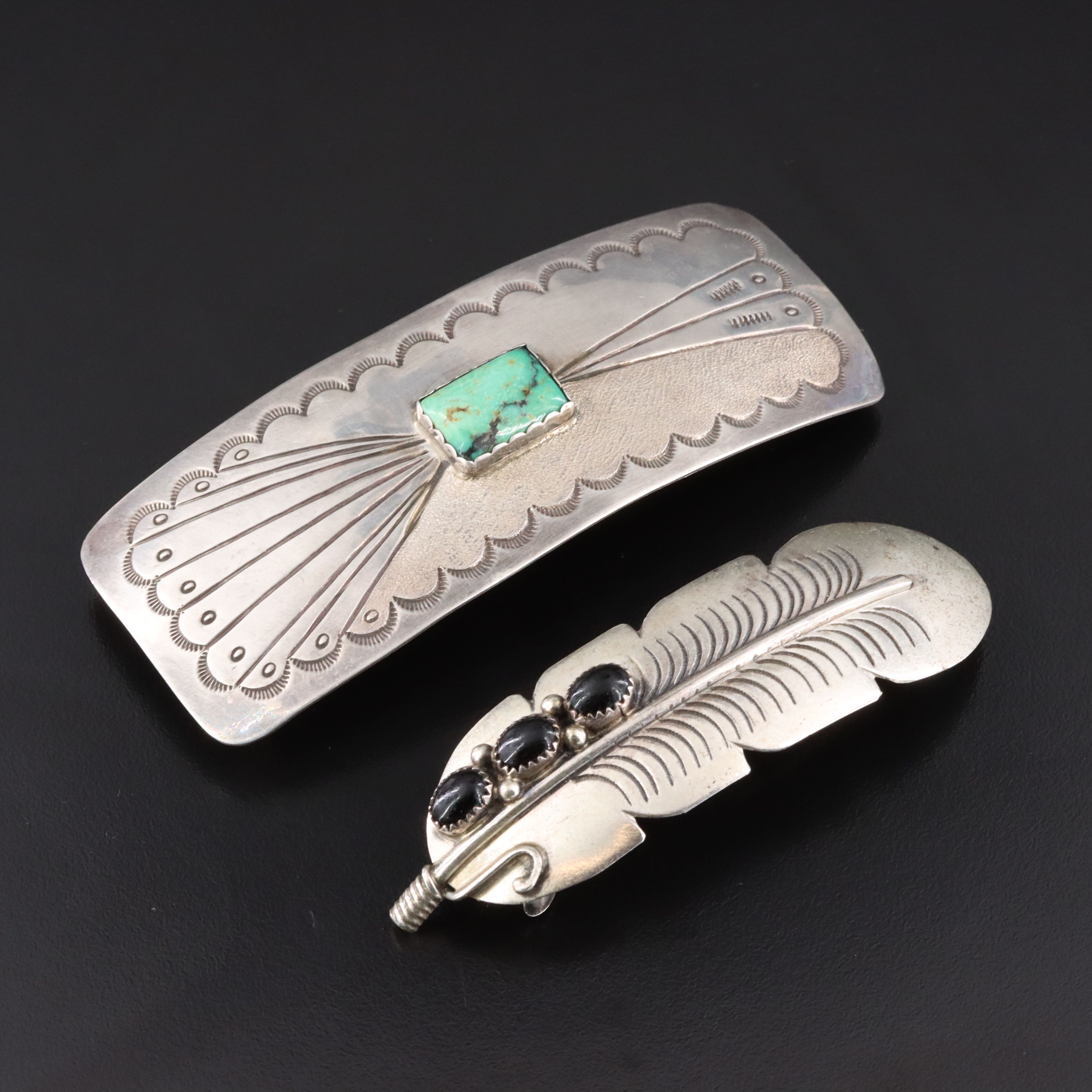 Sterling Barrettes Featuring Turquoise and Black Onyx