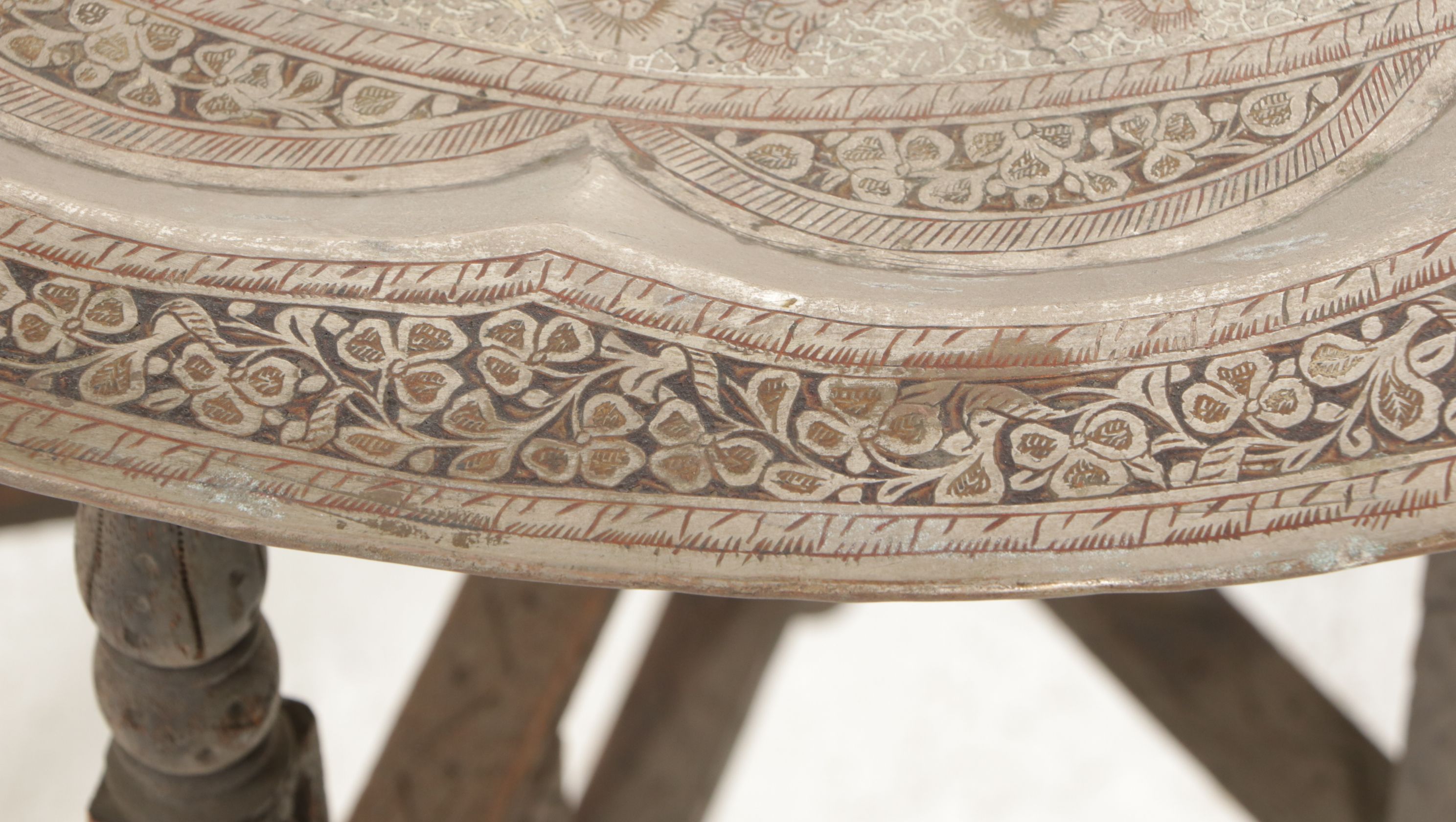 Middle Eastern Painted Brass Tray Table with Folding Base