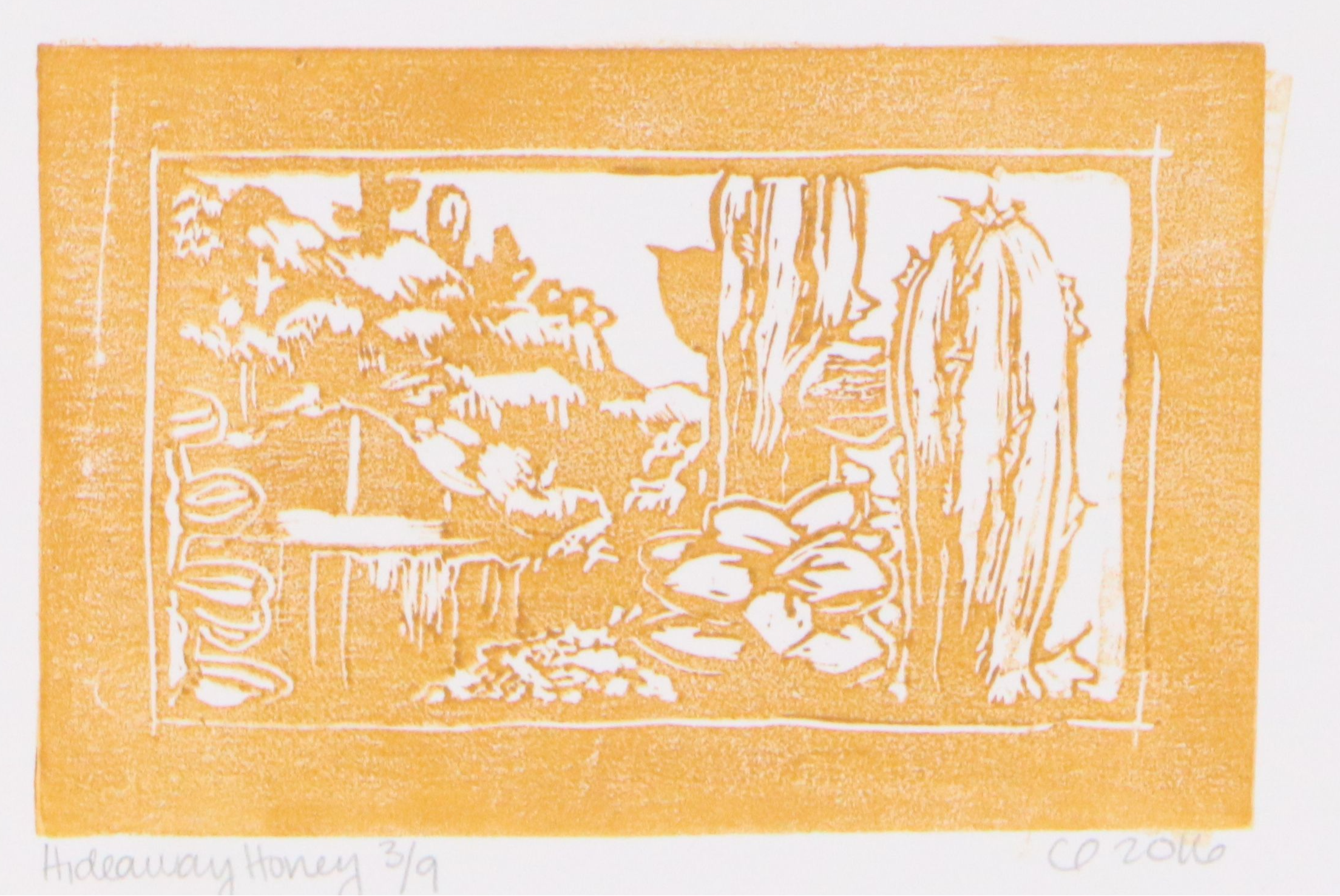 C. F. Dunn Linocut "Hideaway Honey," 2016