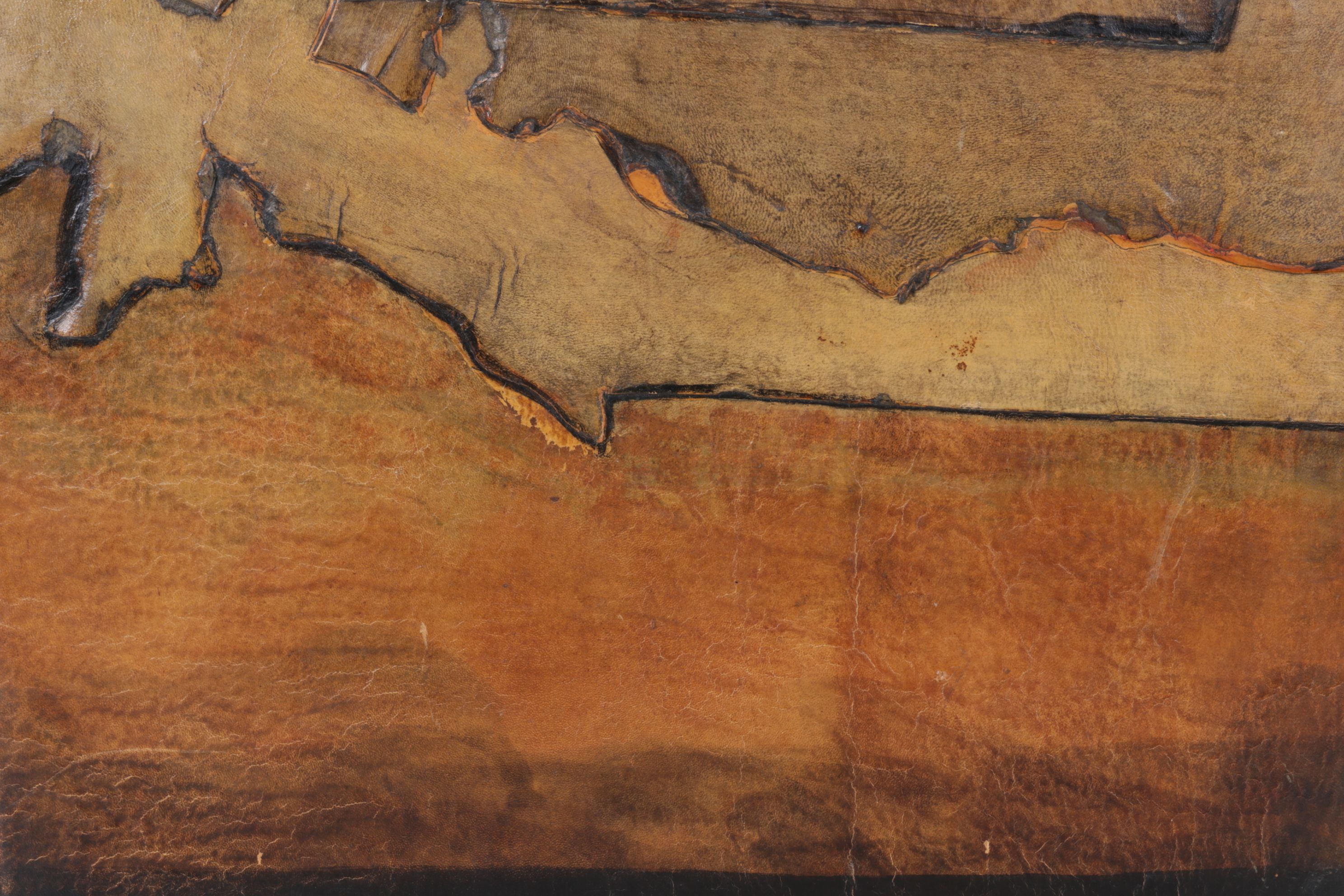Stained Leather Panels Collaged on Wooden Canvas, Late 20th Century