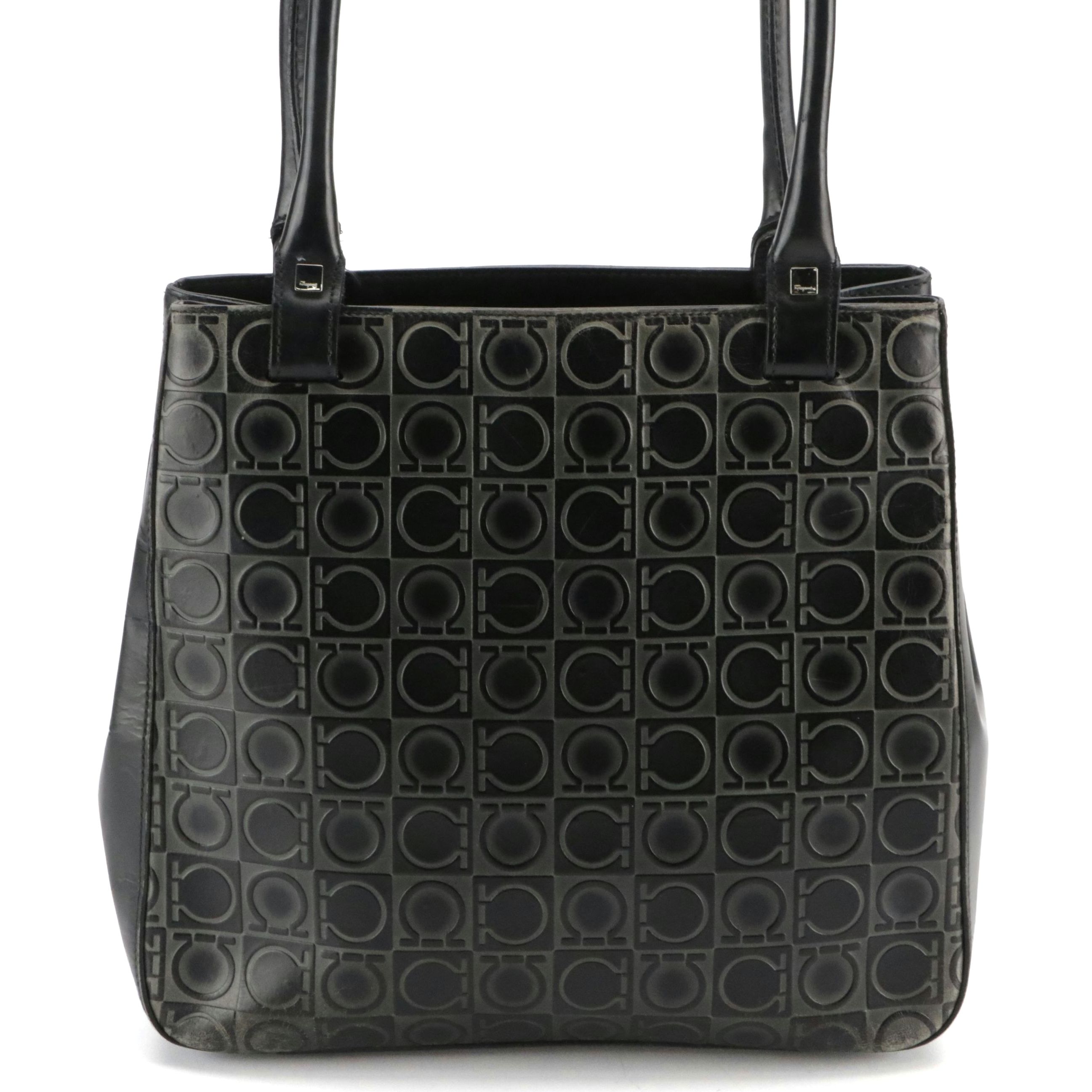 Salvatore Ferragamo Black/Grey Gancini Embossed Leather Tote Bag