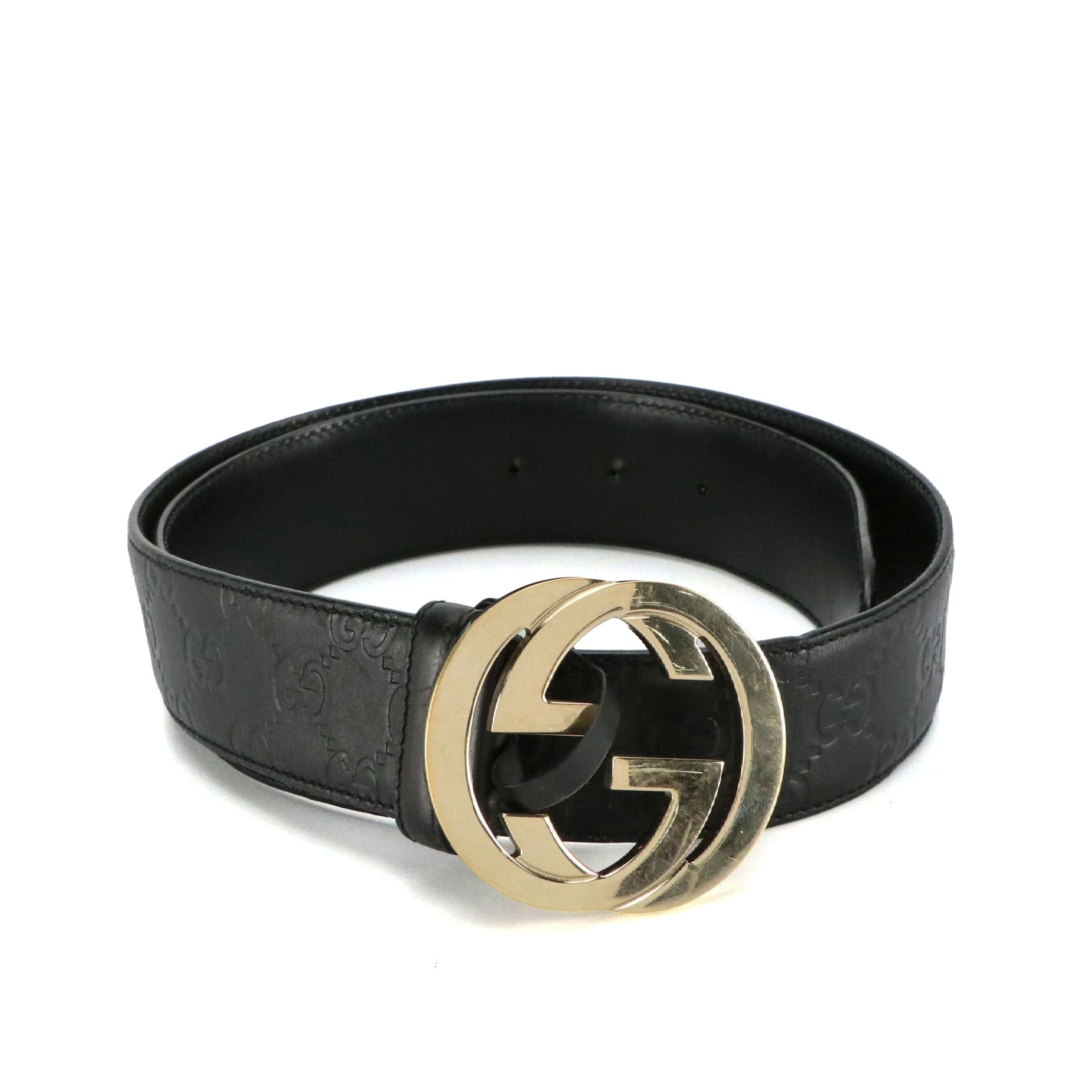Gucci Black Guccissima Leather Belt with Gold Interlocking GG Buckle