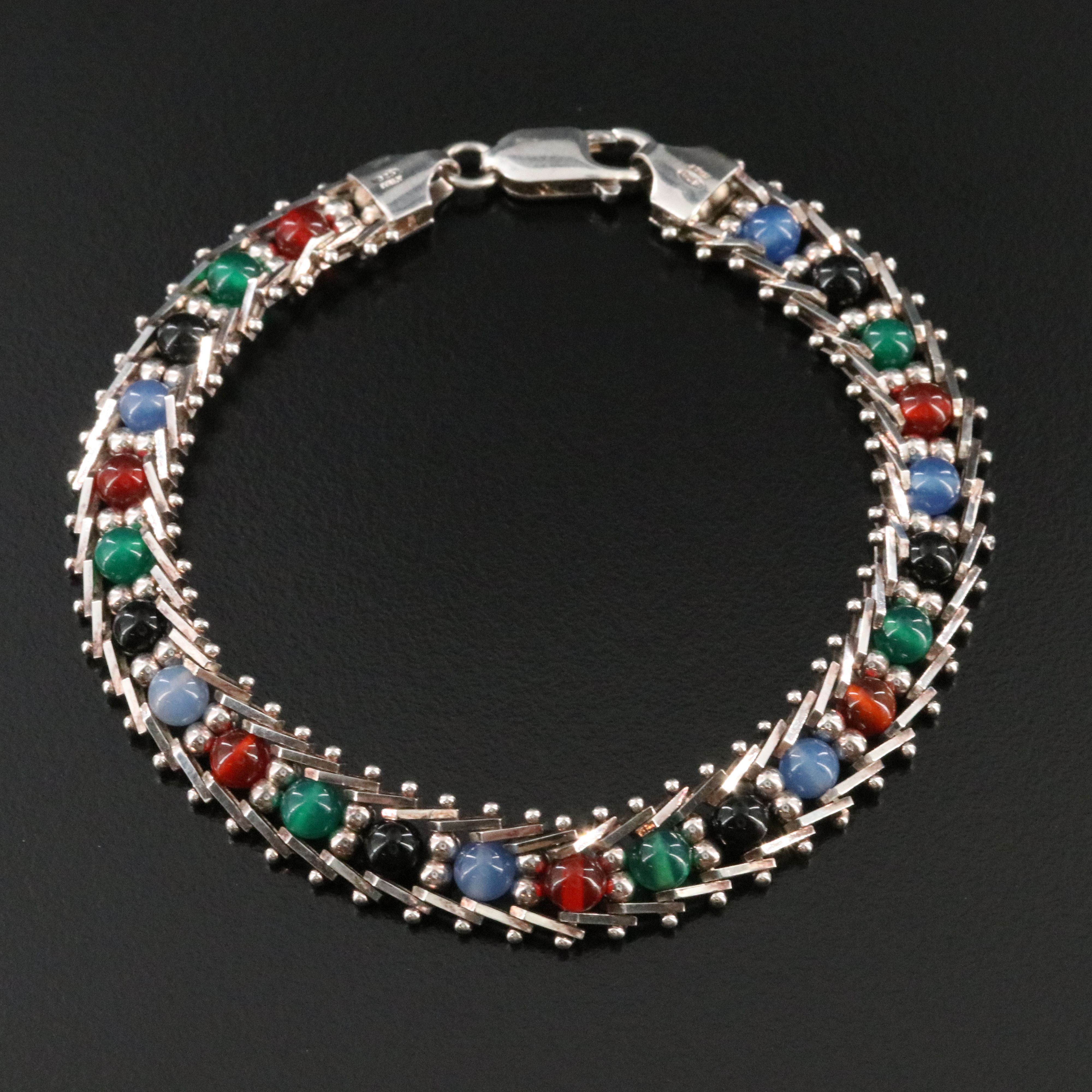 Sterling Black Onyx, Chalcedony, and Carnelian Bead Bracelet