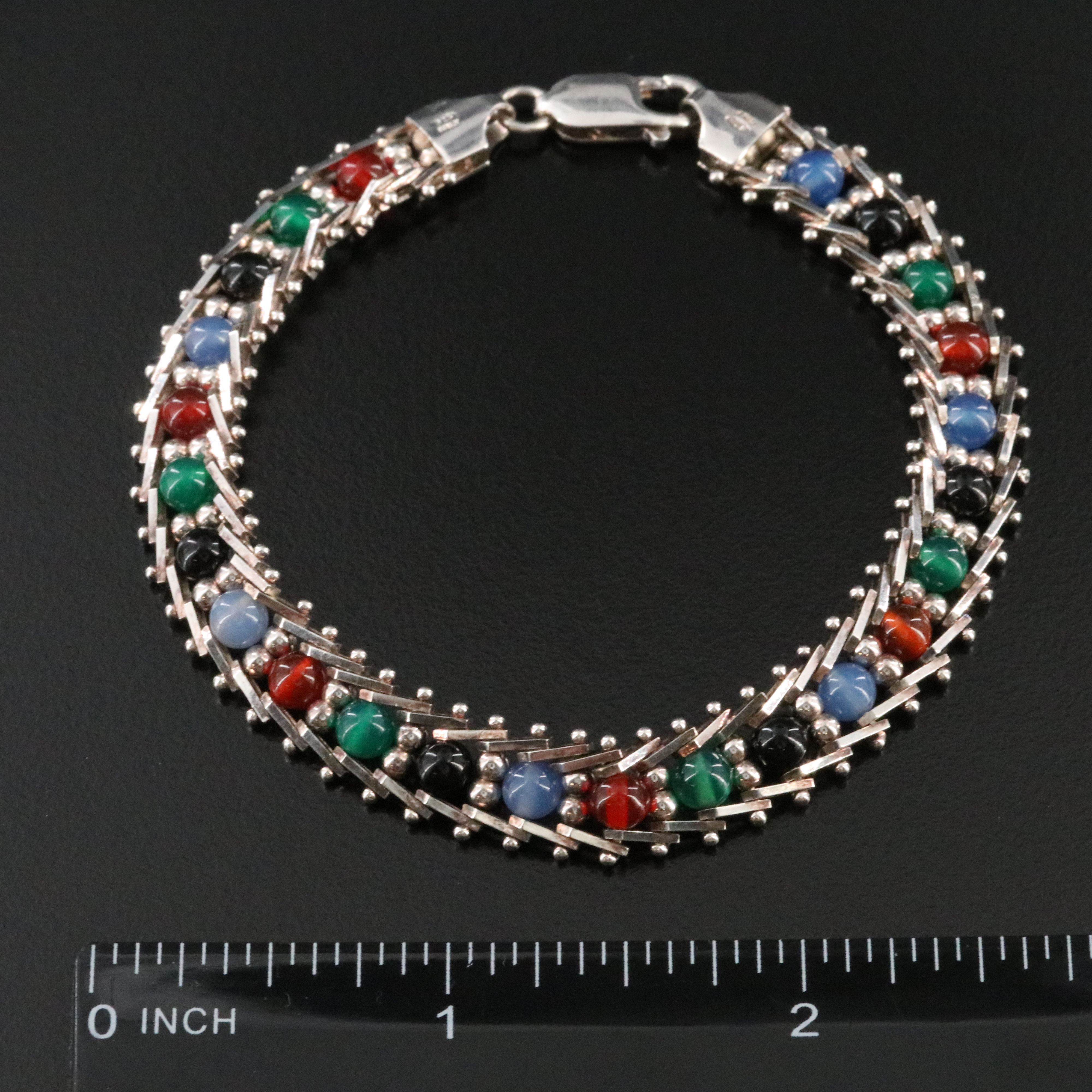 Sterling Black Onyx, Chalcedony, and Carnelian Bead Bracelet